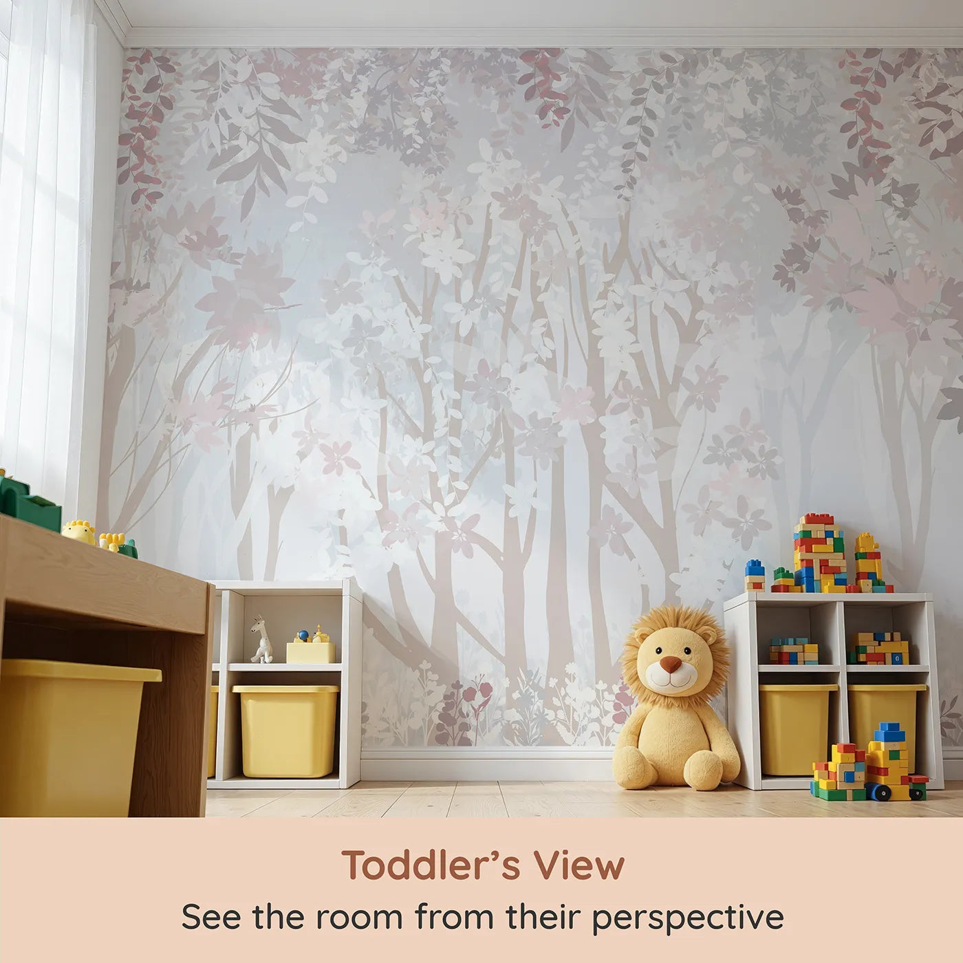 Whimsy Tots Misty Blossom Forest Wall Mural (Turn Their Room into a Dreamy, Ethereal Woodland) from your child's view.Gender-Neutral