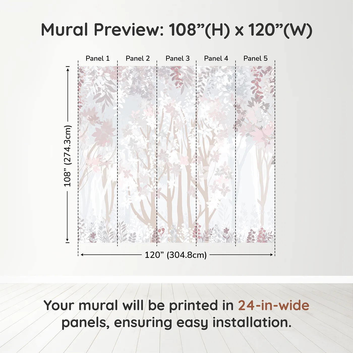 Whimsy Tots Misty Blossom Forest Wall Muraldimension view (108" H x 120" W). Printed in five 24-inch-wide panels. Gender-Neutral