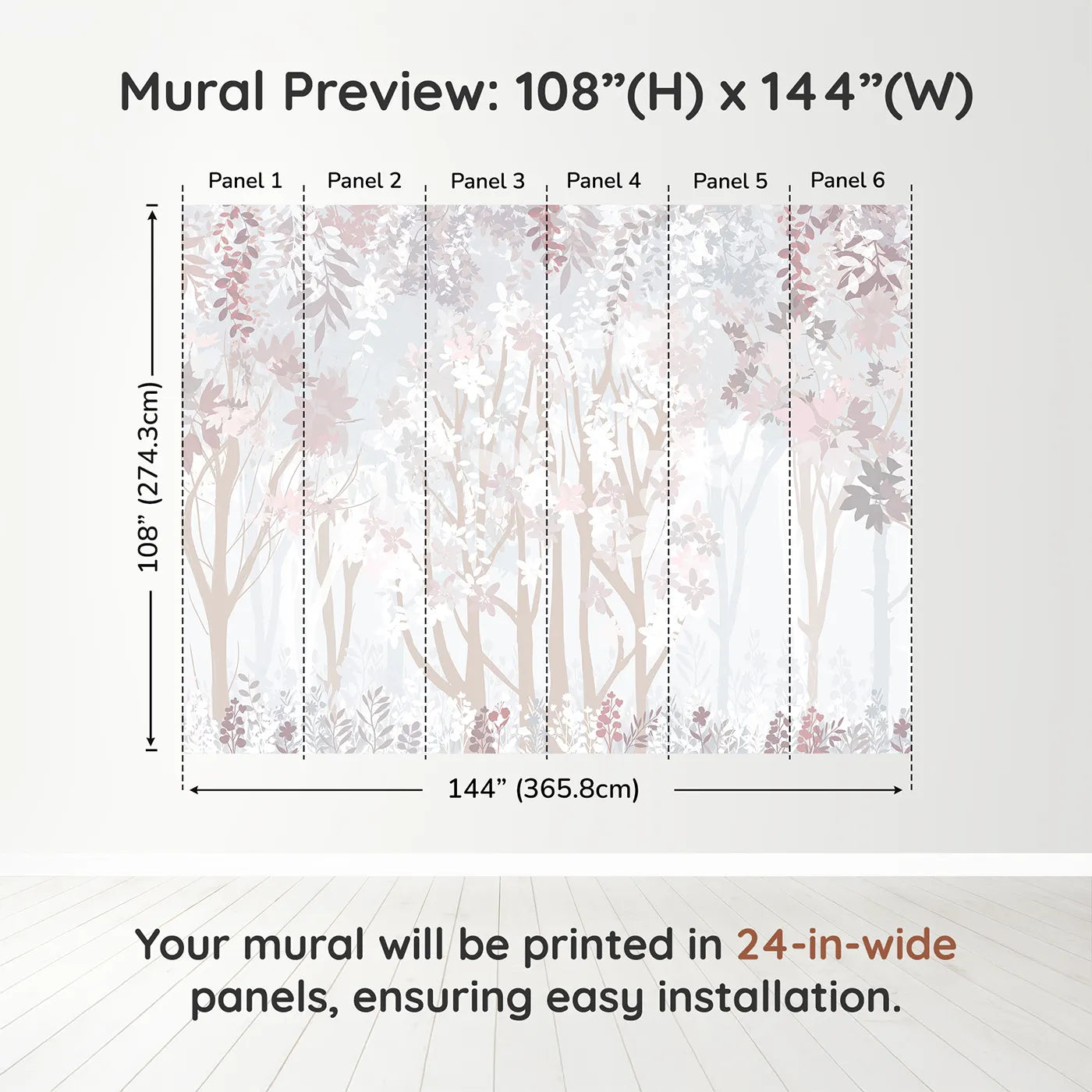 Whimsy Tots Misty Blossom Forest Wall Muraldimension view (108" H x 144" W). Printed in six 24-inch-wide panels. Gender-Neutral