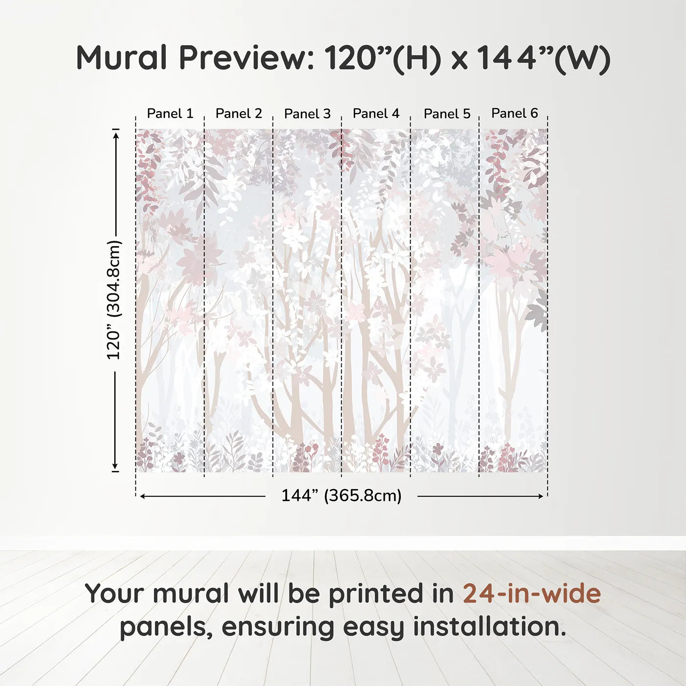 Whimsy Tots Misty Blossom Forest Wall Muraldimension view (120" H x 144" W). Printed in six 24-inch-wide panels. Gender-Neutral