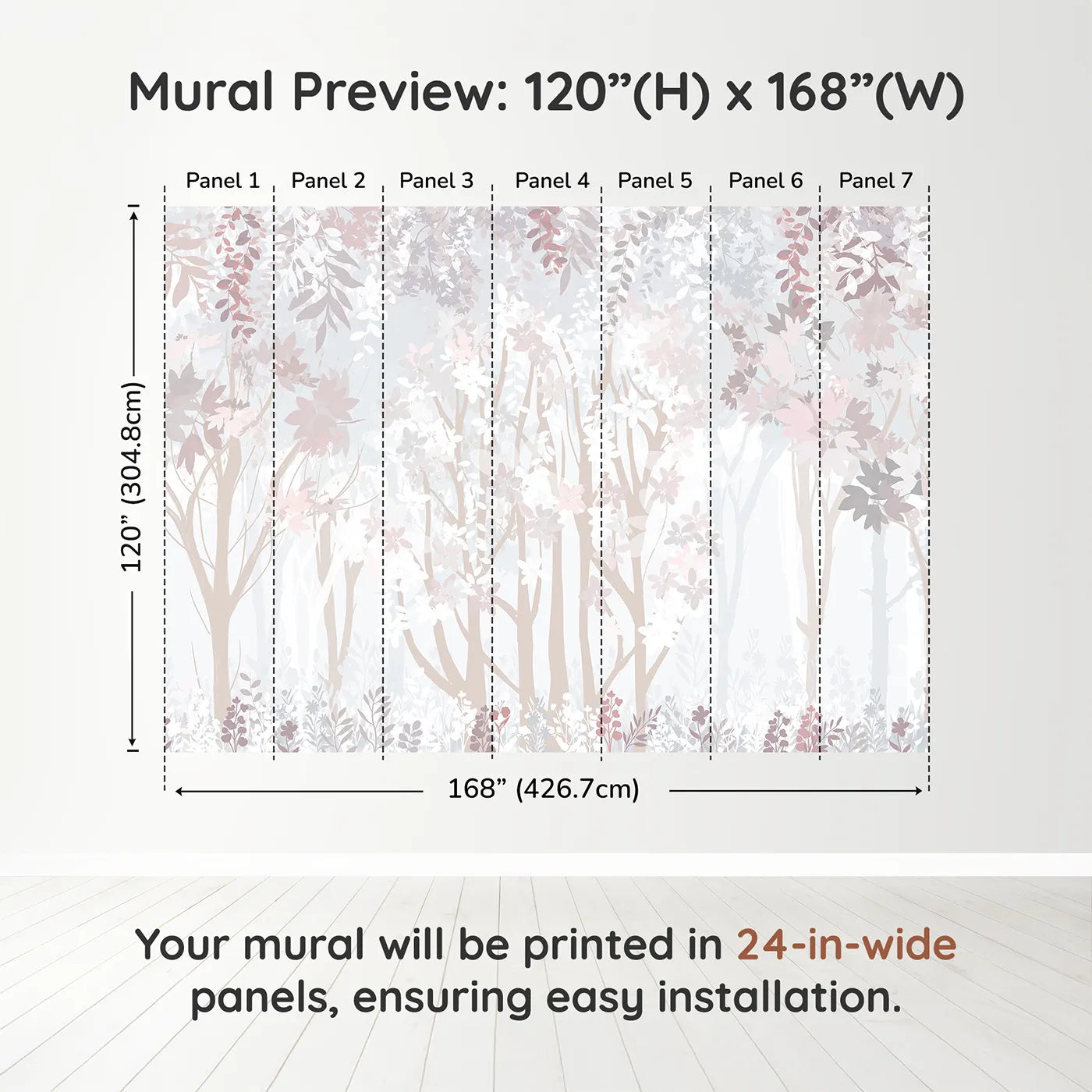 Whimsy Tots Misty Blossom Forest Wall Muraldimension view (120" H x 168" W). Printed in seven 24-inch-wide panels. Gender-Neutral