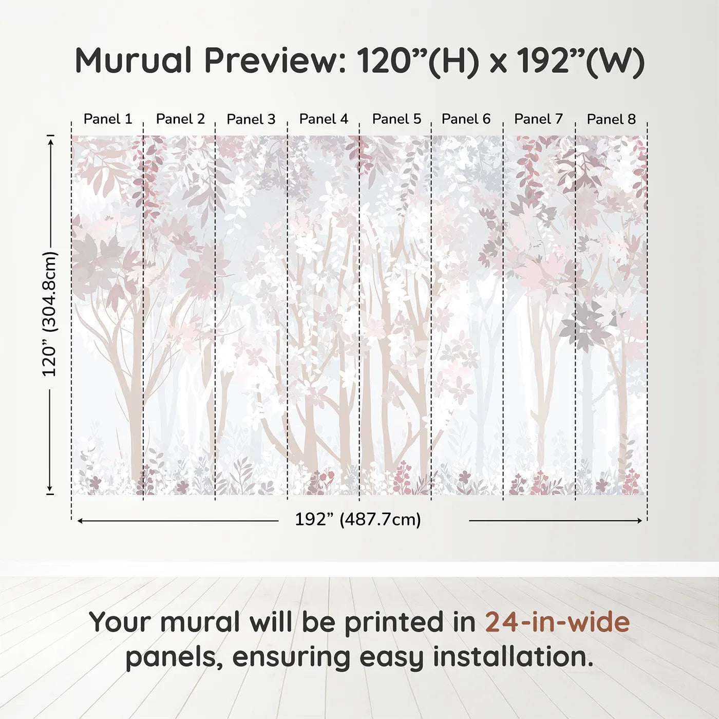 Whimsy Tots Misty Blossom Forest Wall Muraldimension view (120" H x 192" W). Printed in eight 24-inch-wide panels. Gender-Neutral
