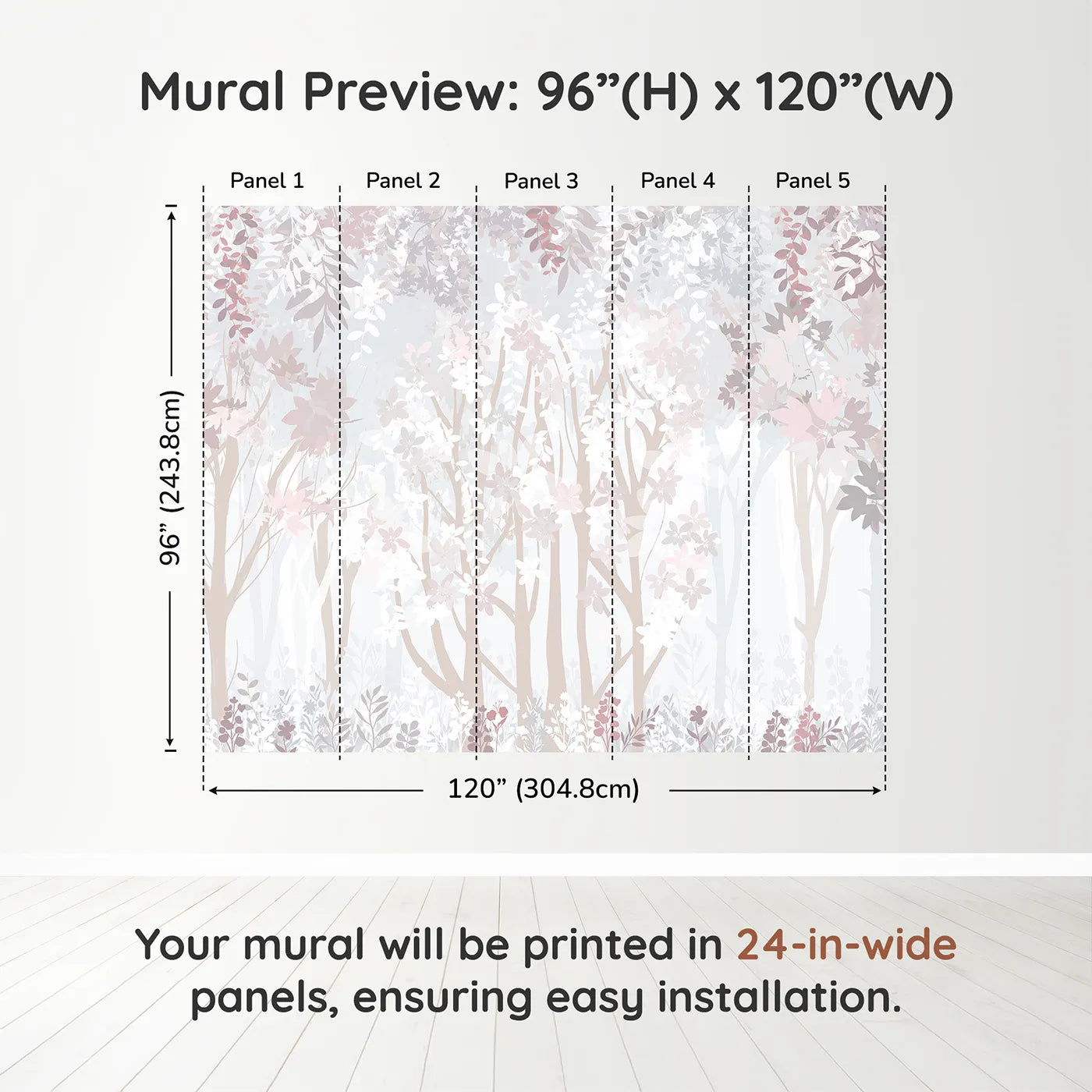 Whimsy Tots Misty Blossom Forest Wall Muraldimension view (96" H x 120" W). Printed in five 24-inch-wide panels. Gender-Neutral