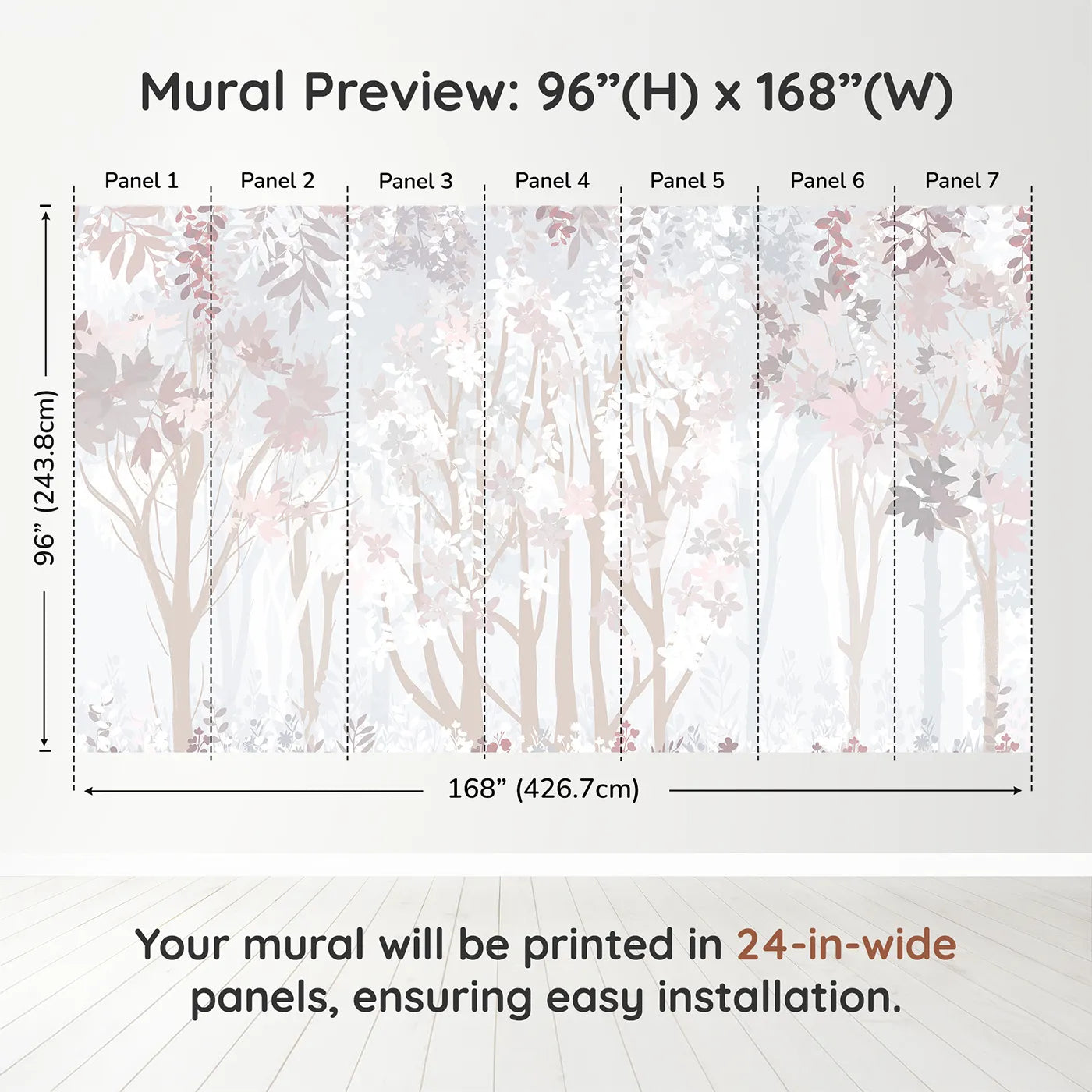 Whimsy Tots Misty Blossom Forest Wall Muraldimension view (96" H x 168" W). Printed in seven 24-inch-wide panels. Gender-Neutral