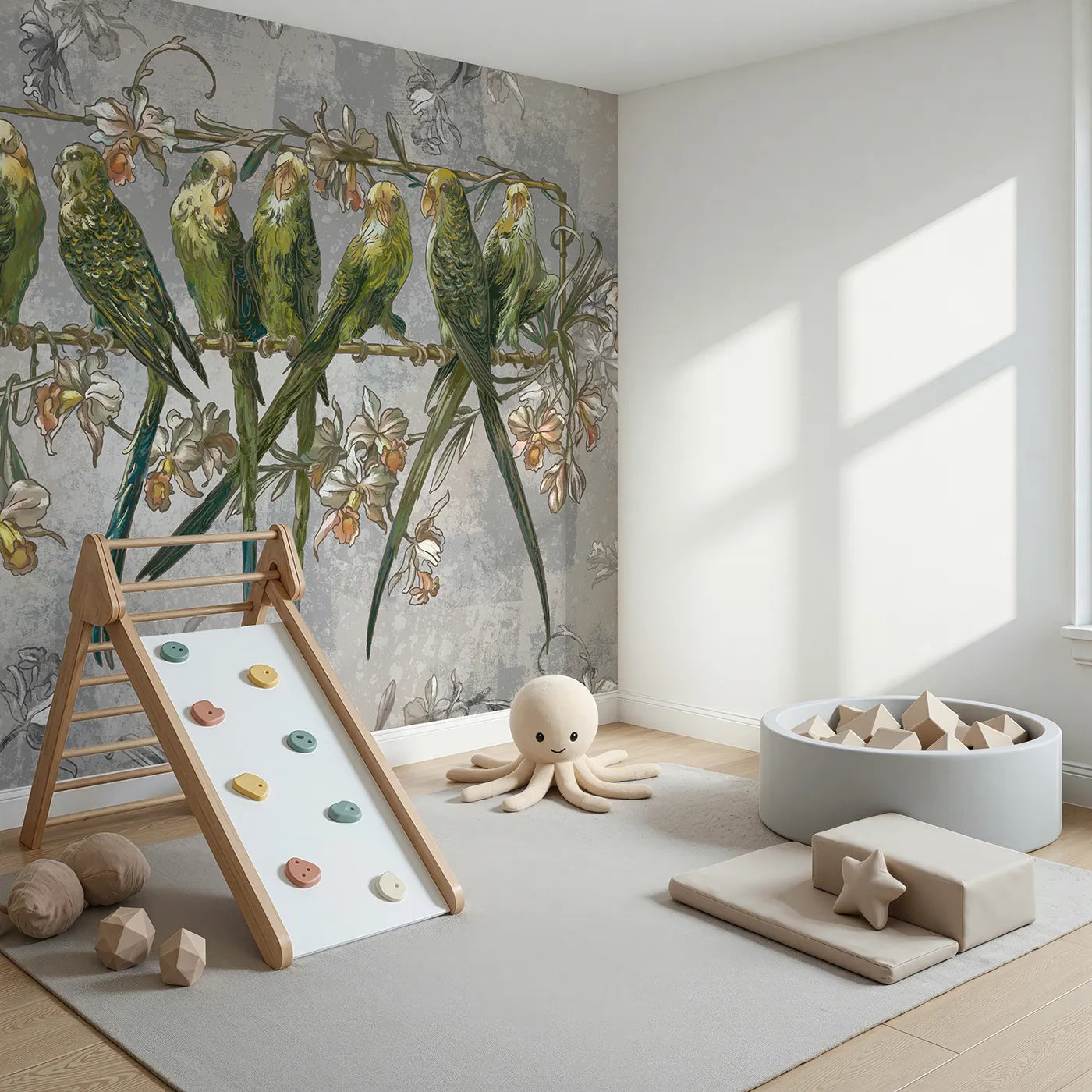 Angled view of Whimsy Tots' Vintage Parakeet Gathering Wall Mural (Turn Their Room into a Classic, Artistic Aviary).Gender-Neutral