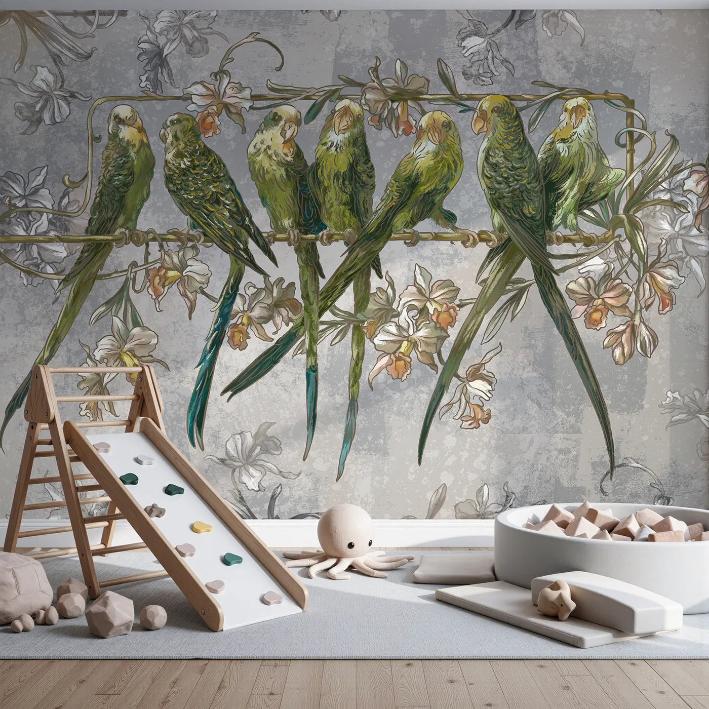 Front view of Whimsy Tots' Vintage Parakeet Gathering Wall Mural