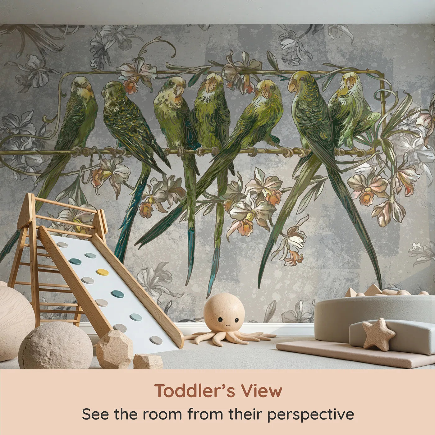 Whimsy Tots Vintage Parakeet Gathering Wall Mural (Turn Their Room into a Classic, Artistic Aviary) from your child's view.Gender-Neutral