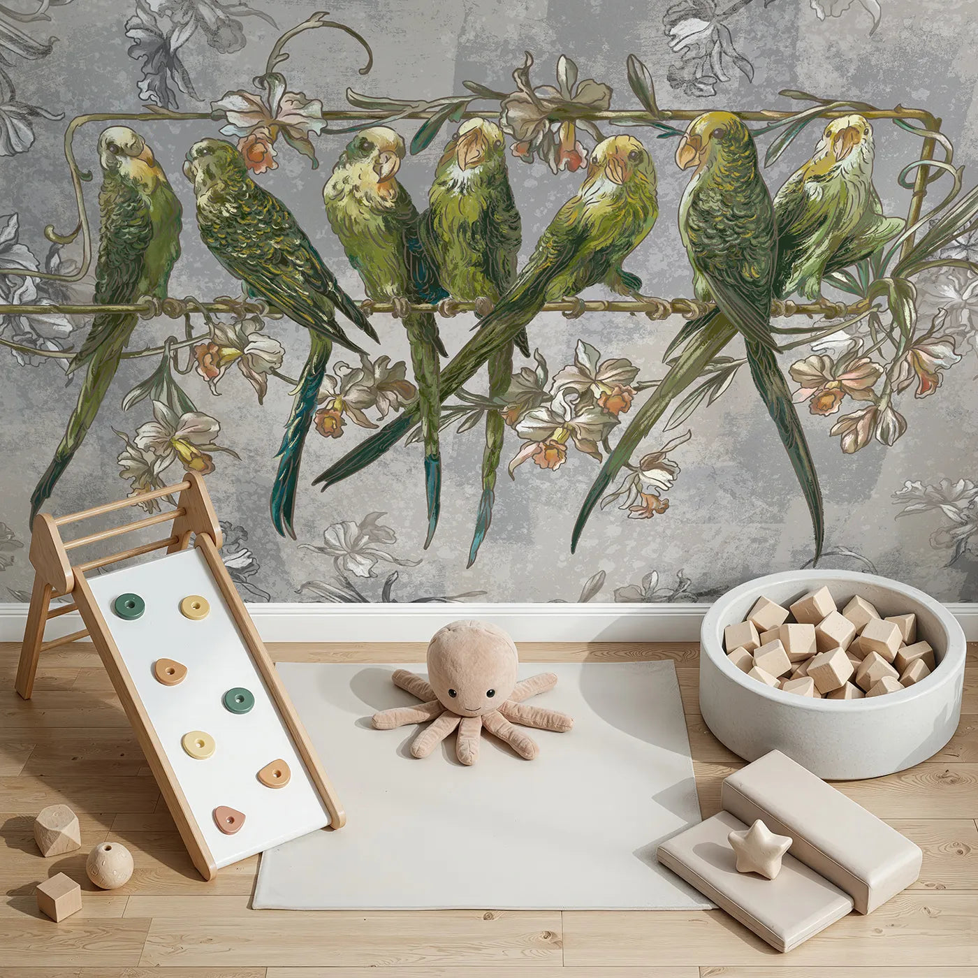 Top-down view of Whimsy Tots' Vintage Parakeet Gathering Wall Mural (Turn Their Room into a Classic, Artistic Aviary).Gender-Neutral