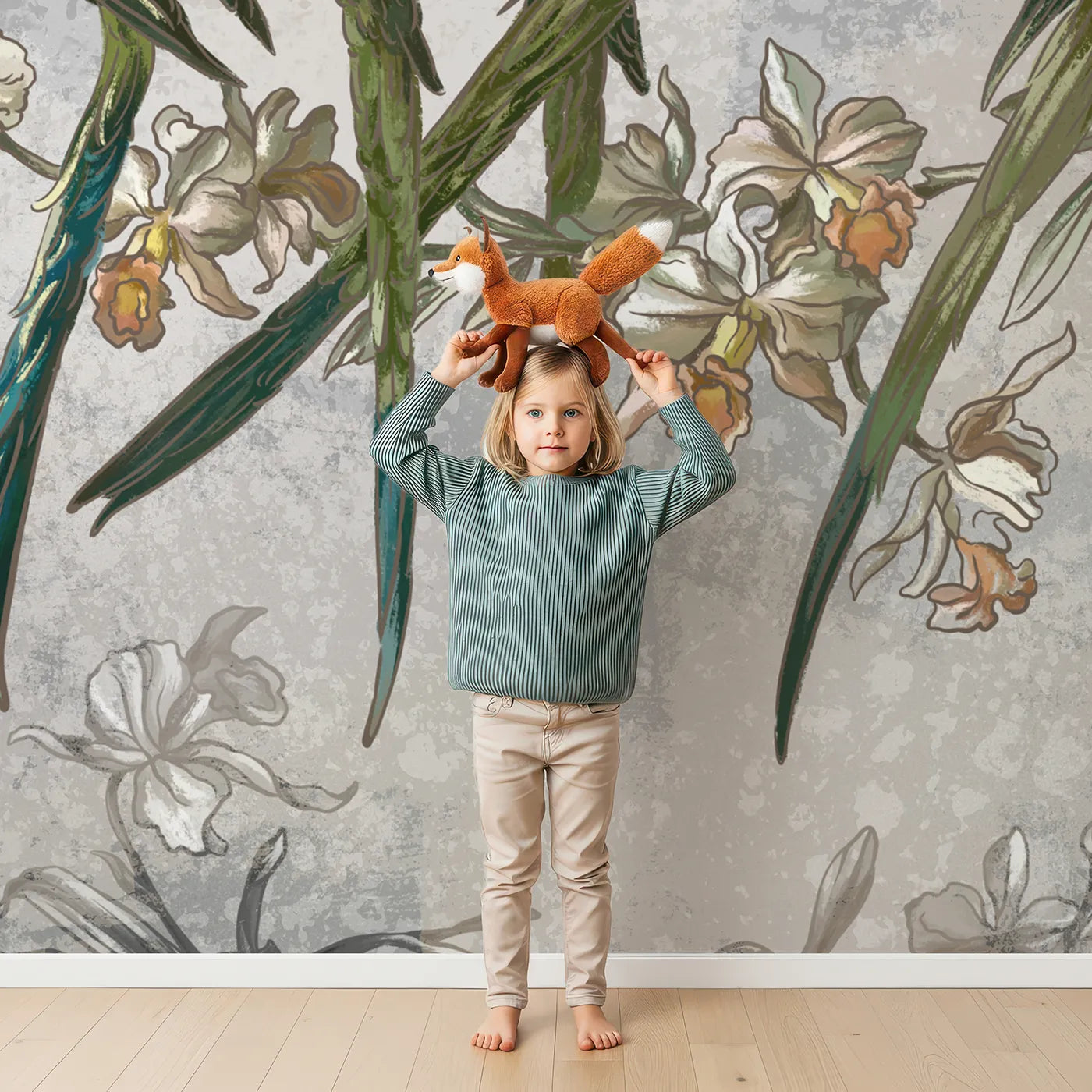 Child in front of Whimsy Tots Vintage Parakeet Gathering Wall Mural with parakeet, bird, vintage, painterly, grunge, flower, nature, green in design.