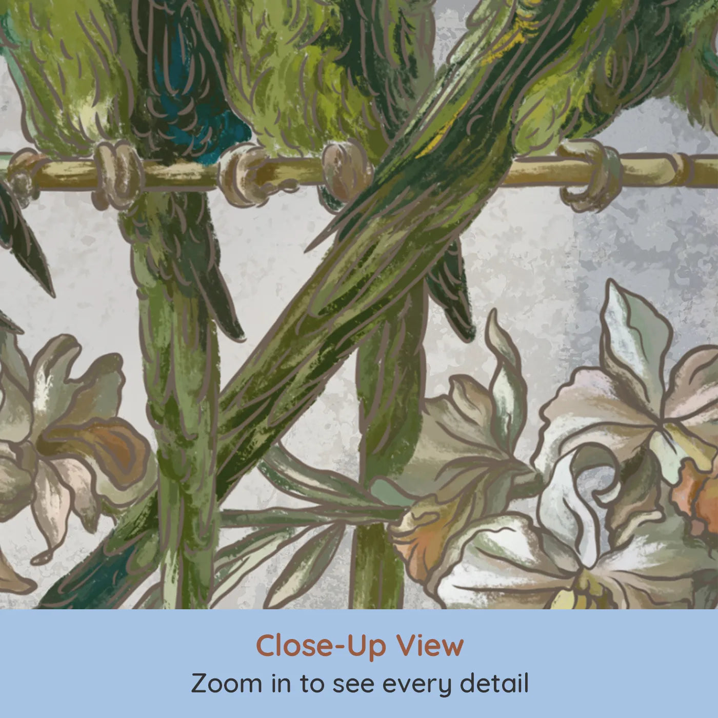 Close-up view of Whimsy Tots' Vintage Parakeet Gathering Wall Mural (Turn Their Room into a Classic, Artistic Aviary).Gender-Neutral