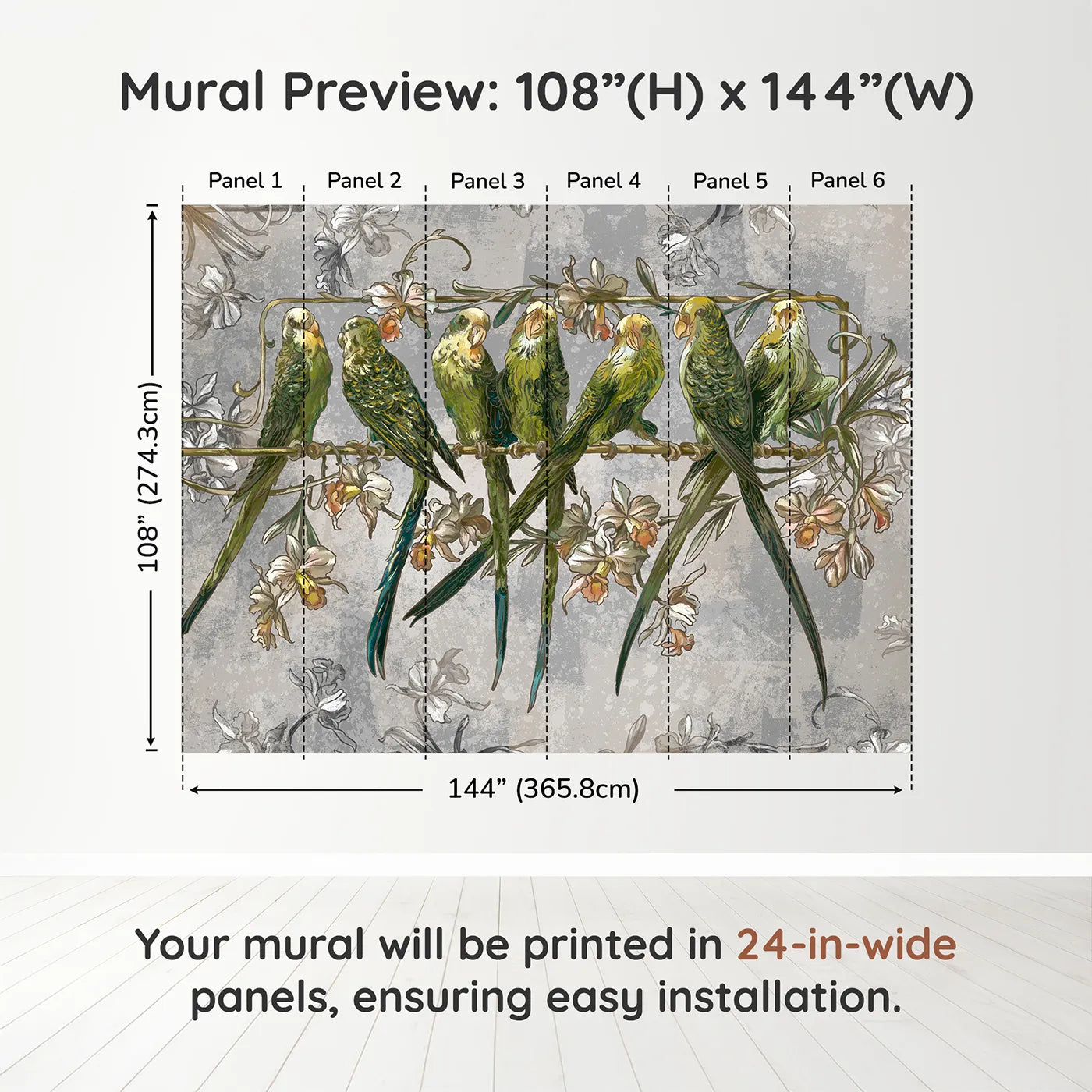 Whimsy Tots Vintage Parakeet Gathering Wall Muraldimension view (108" H x 144" W). Printed in six 24-inch-wide panels. Gender-Neutral