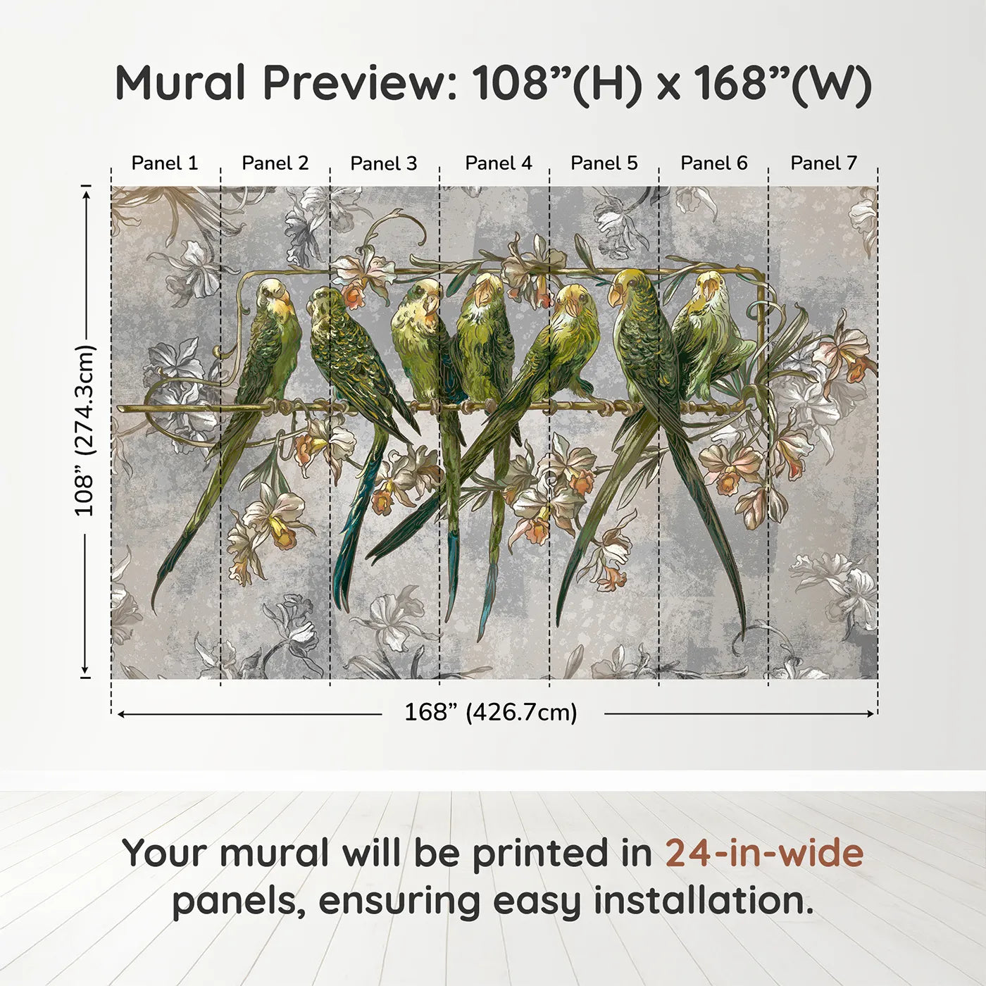 Whimsy Tots Vintage Parakeet Gathering Wall Muraldimension view (108" H x 168" W). Printed in seven 24-inch-wide panels. Gender-Neutral