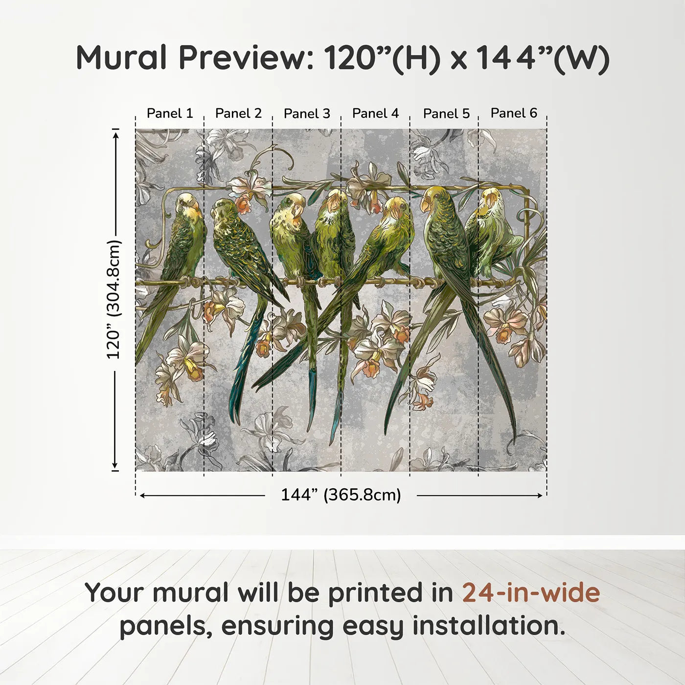 Whimsy Tots Vintage Parakeet Gathering Wall Muraldimension view (120" H x 144" W). Printed in six 24-inch-wide panels. Gender-Neutral