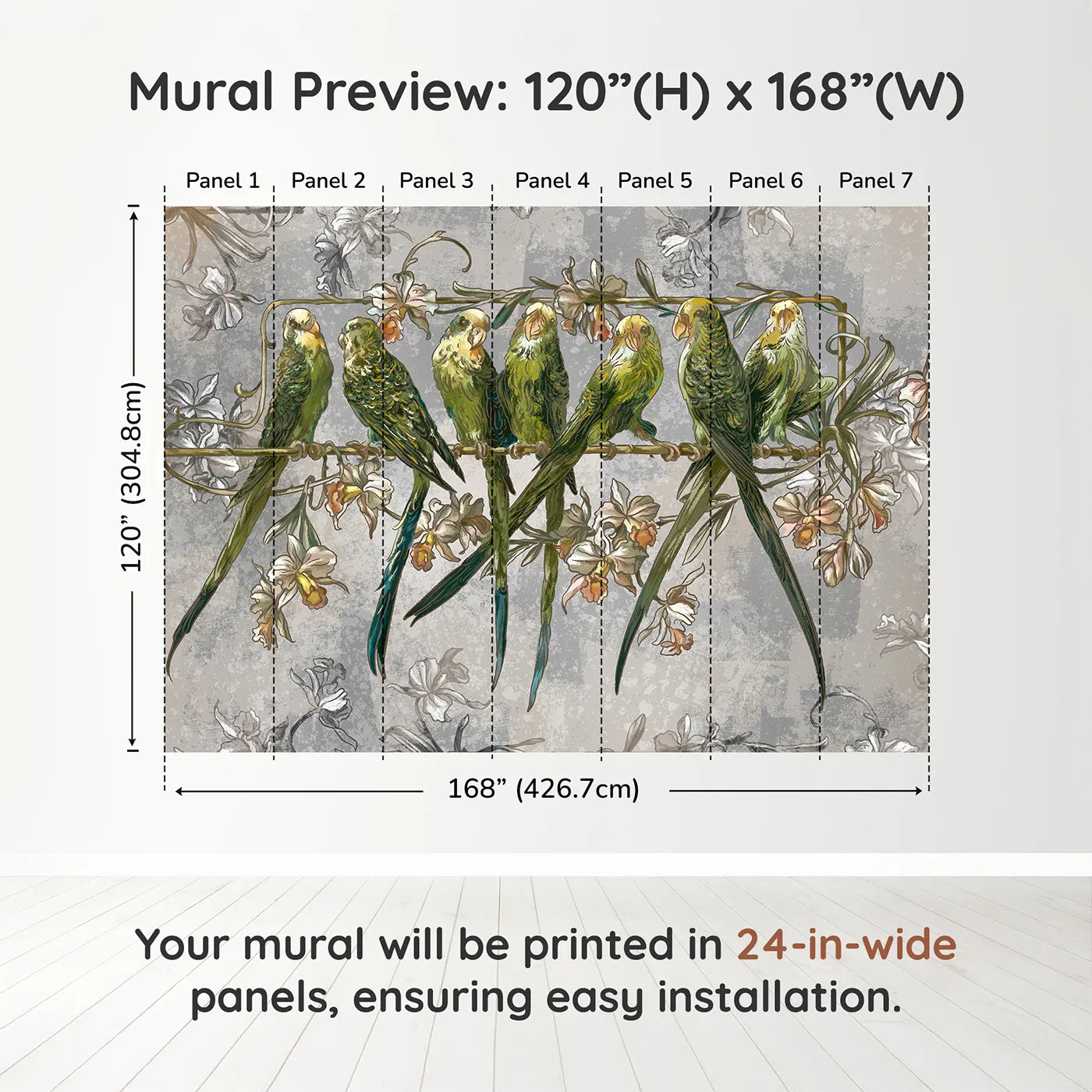 Whimsy Tots Vintage Parakeet Gathering Wall Muraldimension view (120" H x 168" W). Printed in seven 24-inch-wide panels. Gender-Neutral
