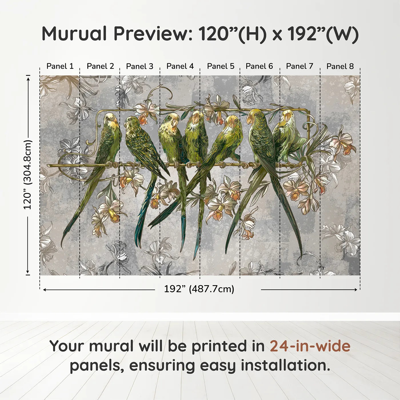 Whimsy Tots Vintage Parakeet Gathering Wall Muraldimension view (120" H x 192" W). Printed in eight 24-inch-wide panels. Gender-Neutral