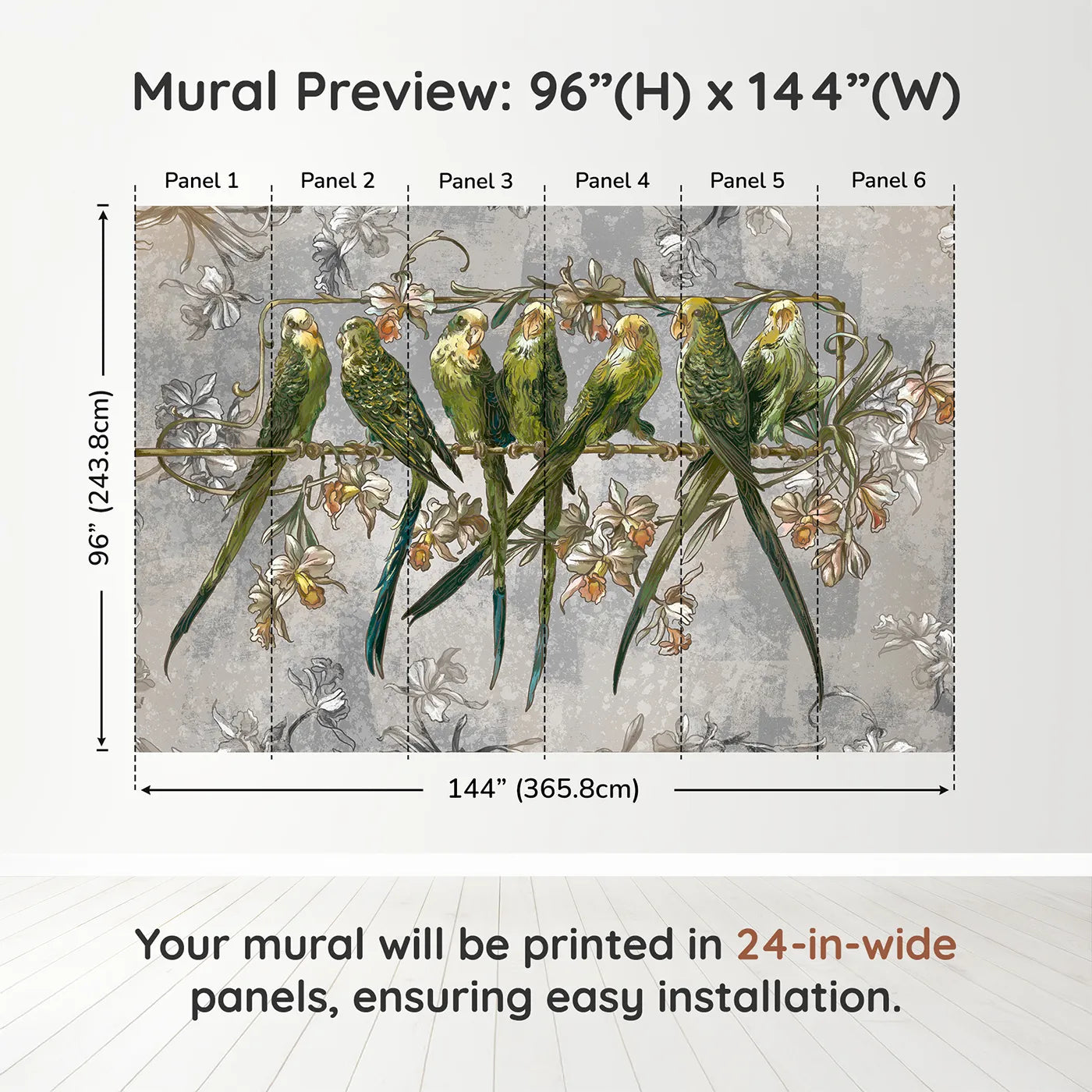 Whimsy Tots Vintage Parakeet Gathering Wall Muraldimension view (96" H x 144" W). Printed in six 24-inch-wide panels. Gender-Neutral