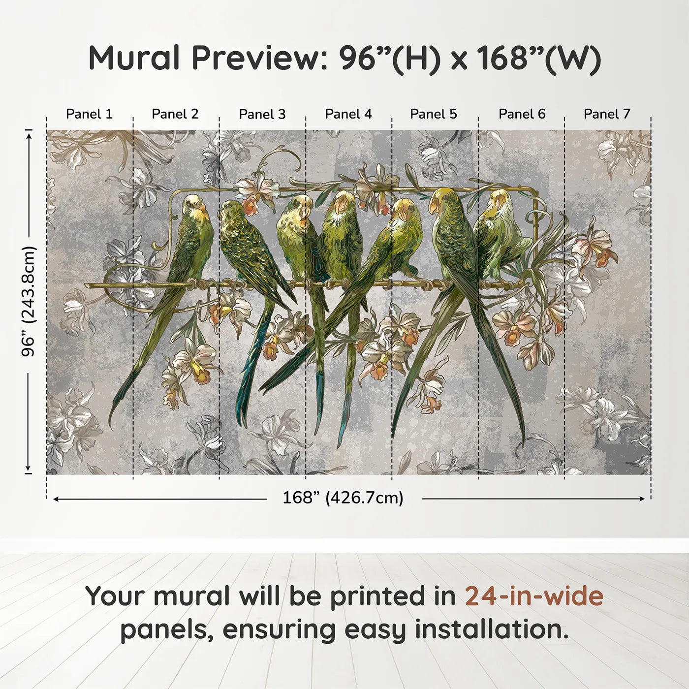 Whimsy Tots Vintage Parakeet Gathering Wall Muraldimension view (96" H x 168" W). Printed in seven 24-inch-wide panels. Gender-Neutral