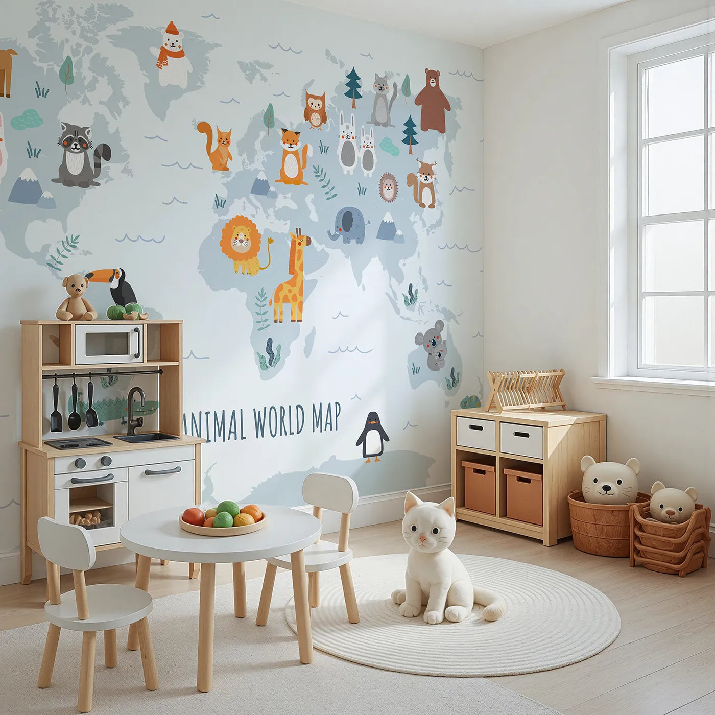Angled view of Whimsy Tots' Animal World Map in Blue Wall Mural (Turn Their Room into a Fun and Friendly Global Tour).Gender-Neutral