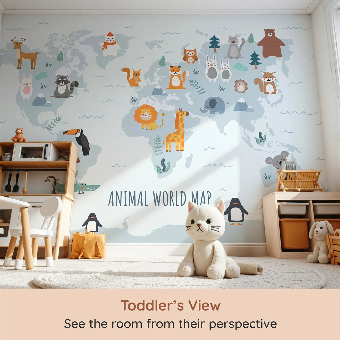 Whimsy Tots Animal World Map in Blue Wall Mural (Turn Their Room into a Fun and Friendly Global Tour) from your child's view.Gender-Neutral
