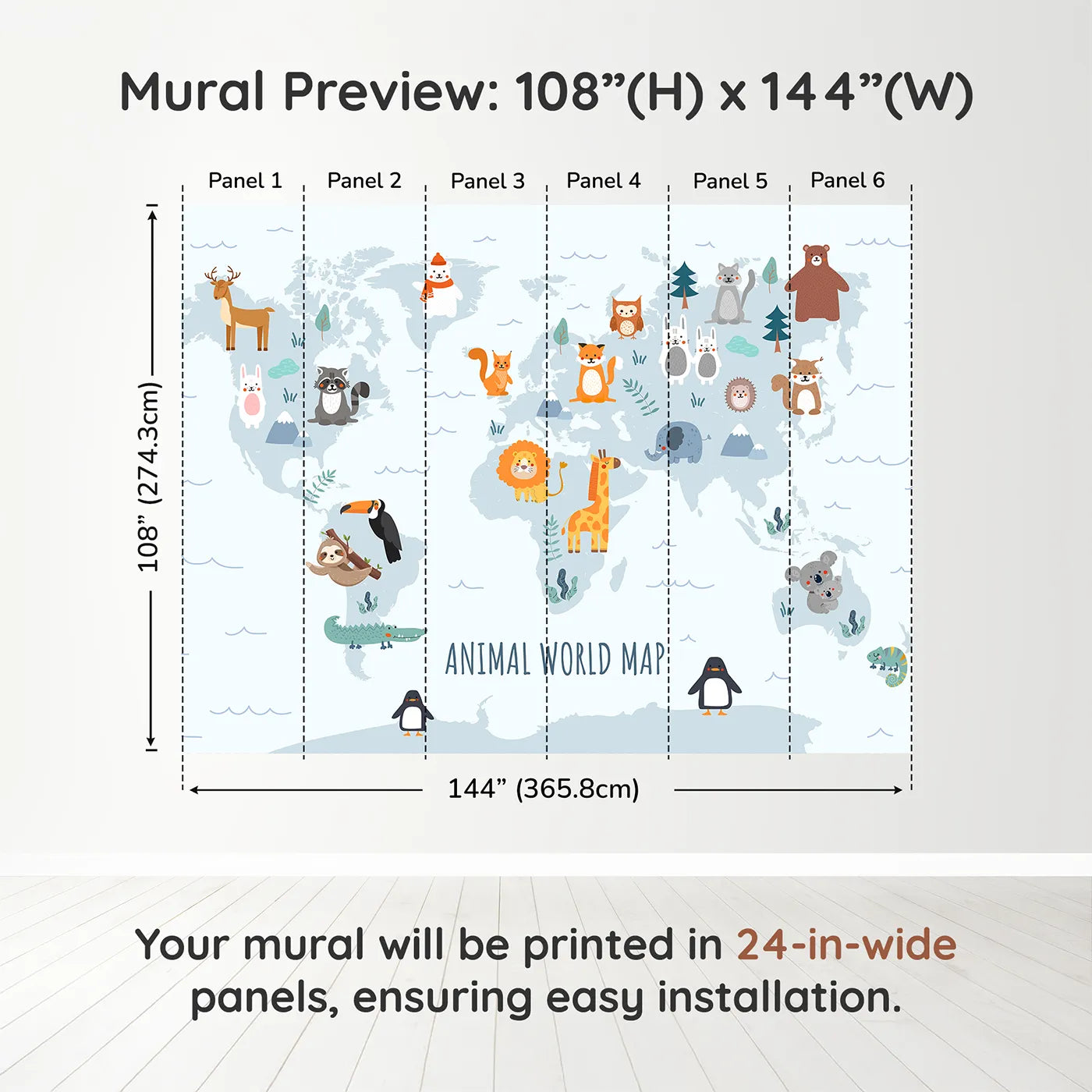 Whimsy Tots Animal World Map in Blue Wall Muraldimension view (108" H x 144" W). Printed in six 24-inch-wide panels. Gender-Neutral