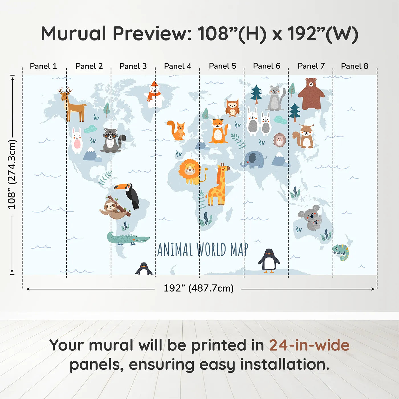 Whimsy Tots Animal World Map in Blue Wall Muraldimension view (108" H x 192" W). Printed in eight 24-inch-wide panels. Gender-Neutral