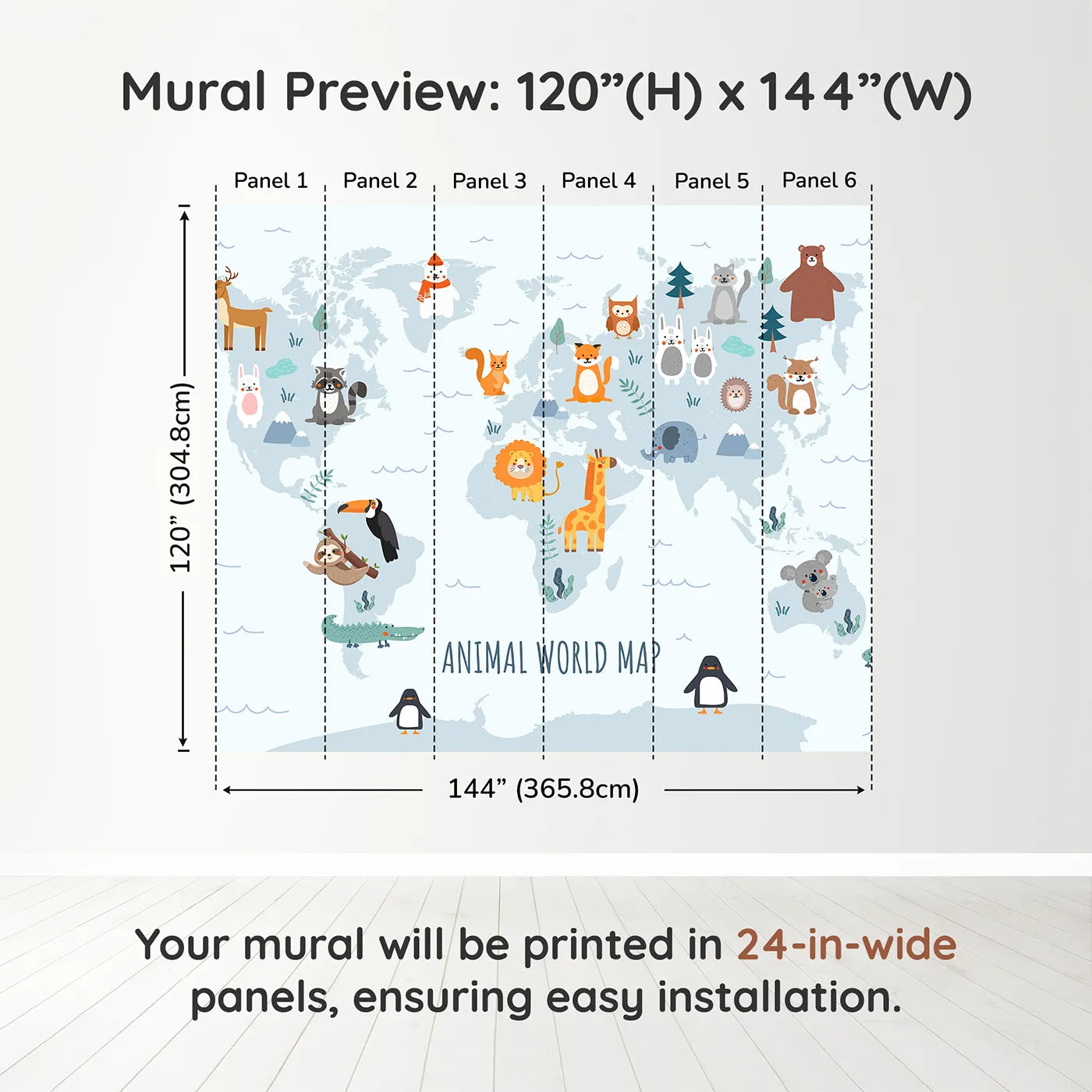 Whimsy Tots Animal World Map in Blue Wall Muraldimension view (120" H x 144" W). Printed in six 24-inch-wide panels. Gender-Neutral