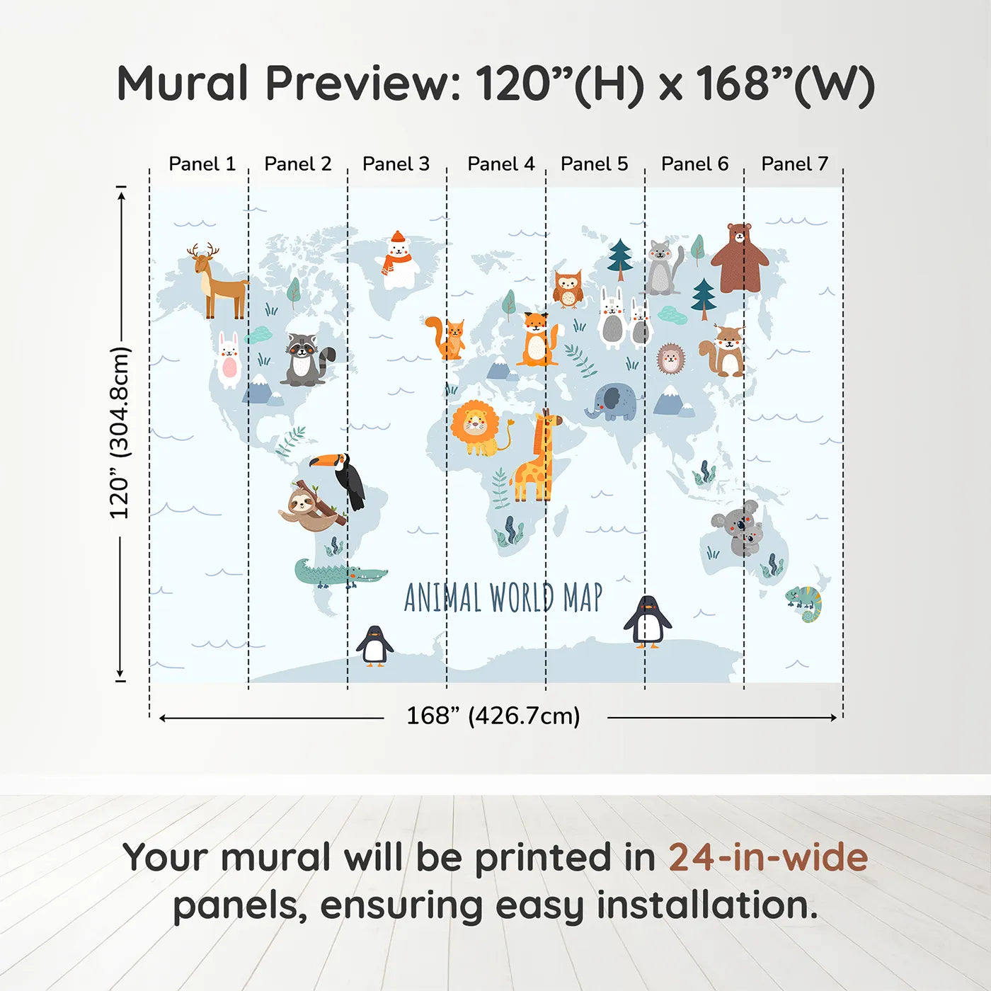 Whimsy Tots Animal World Map in Blue Wall Muraldimension view (120" H x 168" W). Printed in seven 24-inch-wide panels. Gender-Neutral