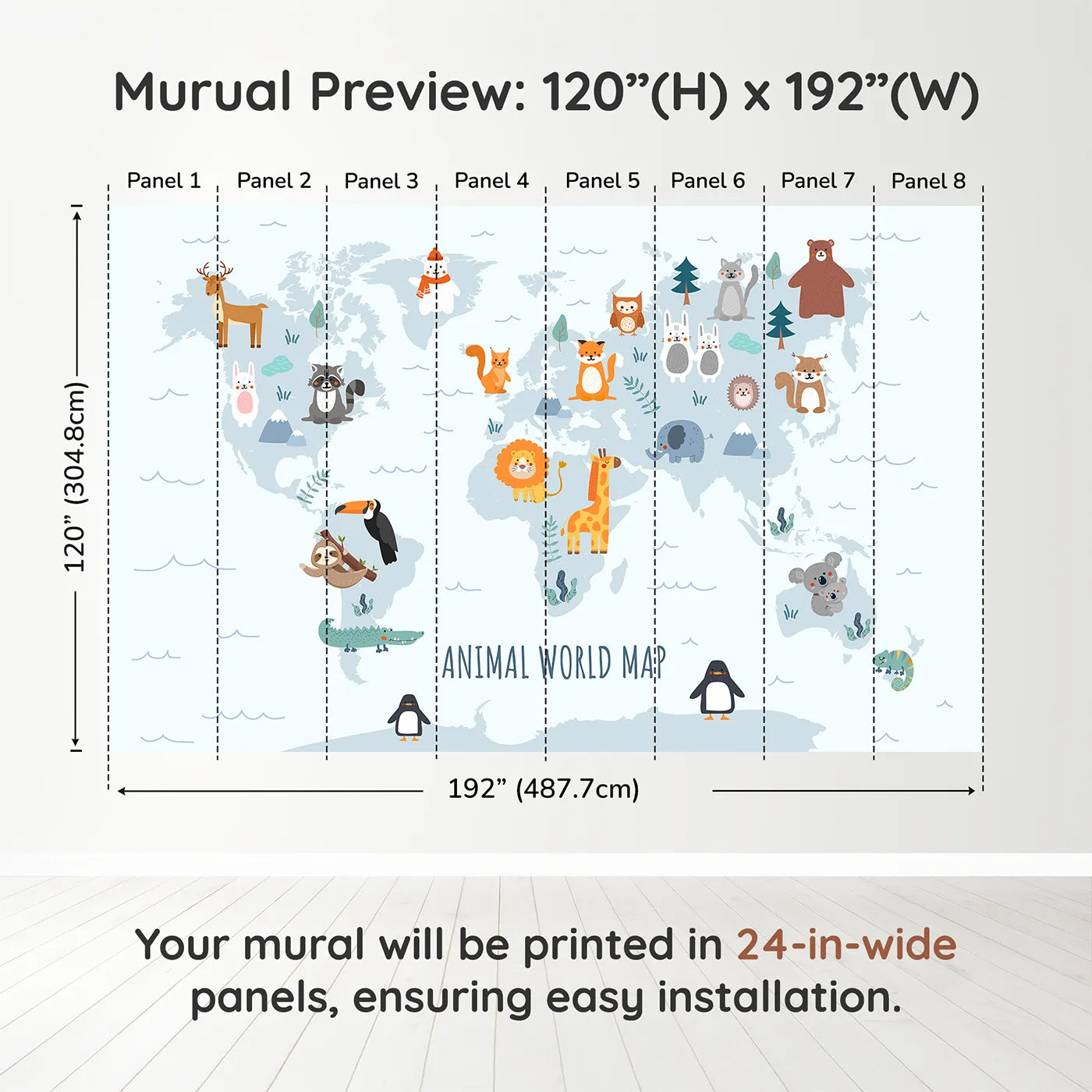 Whimsy Tots Animal World Map in Blue Wall Muraldimension view (120" H x 192" W). Printed in eight 24-inch-wide panels. Gender-Neutral