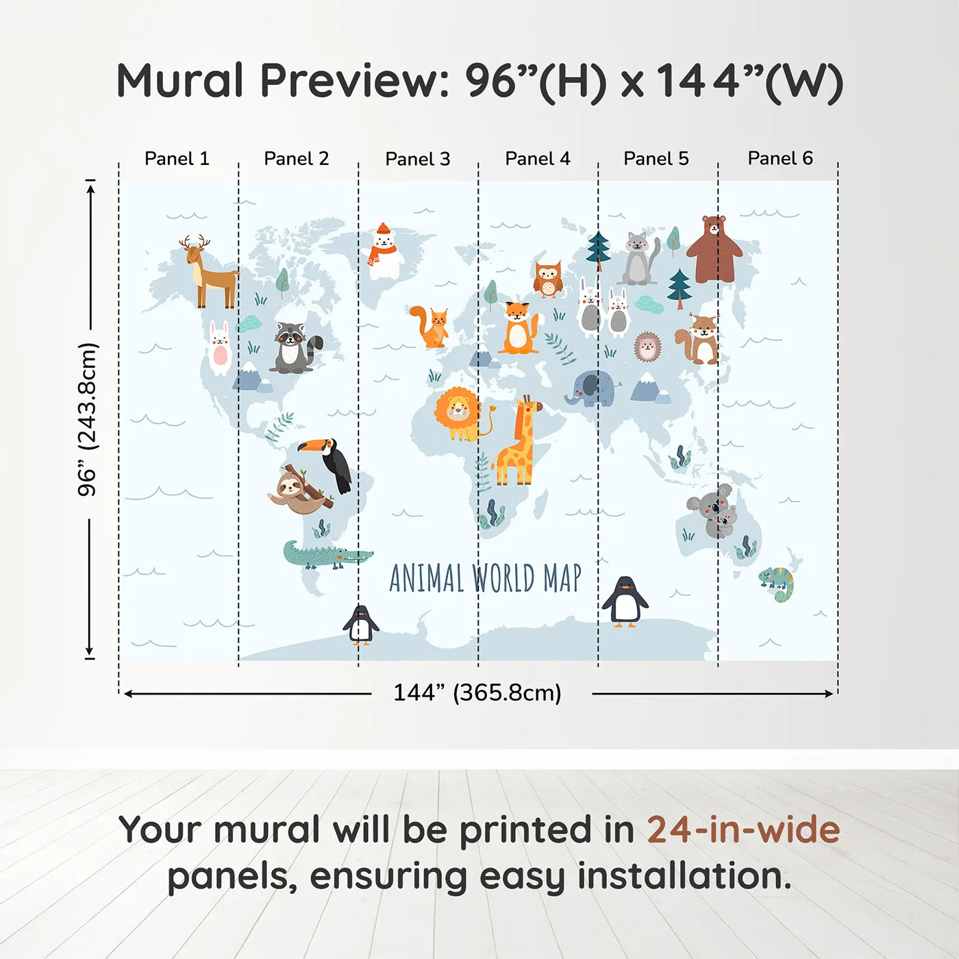Whimsy Tots Animal World Map in Blue Wall Muraldimension view (96" H x 144" W). Printed in six 24-inch-wide panels. Gender-Neutral