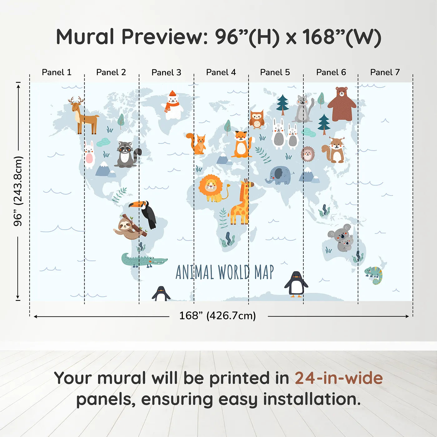 Whimsy Tots Animal World Map in Blue Wall Muraldimension view (96" H x 168" W). Printed in seven 24-inch-wide panels. Gender-Neutral