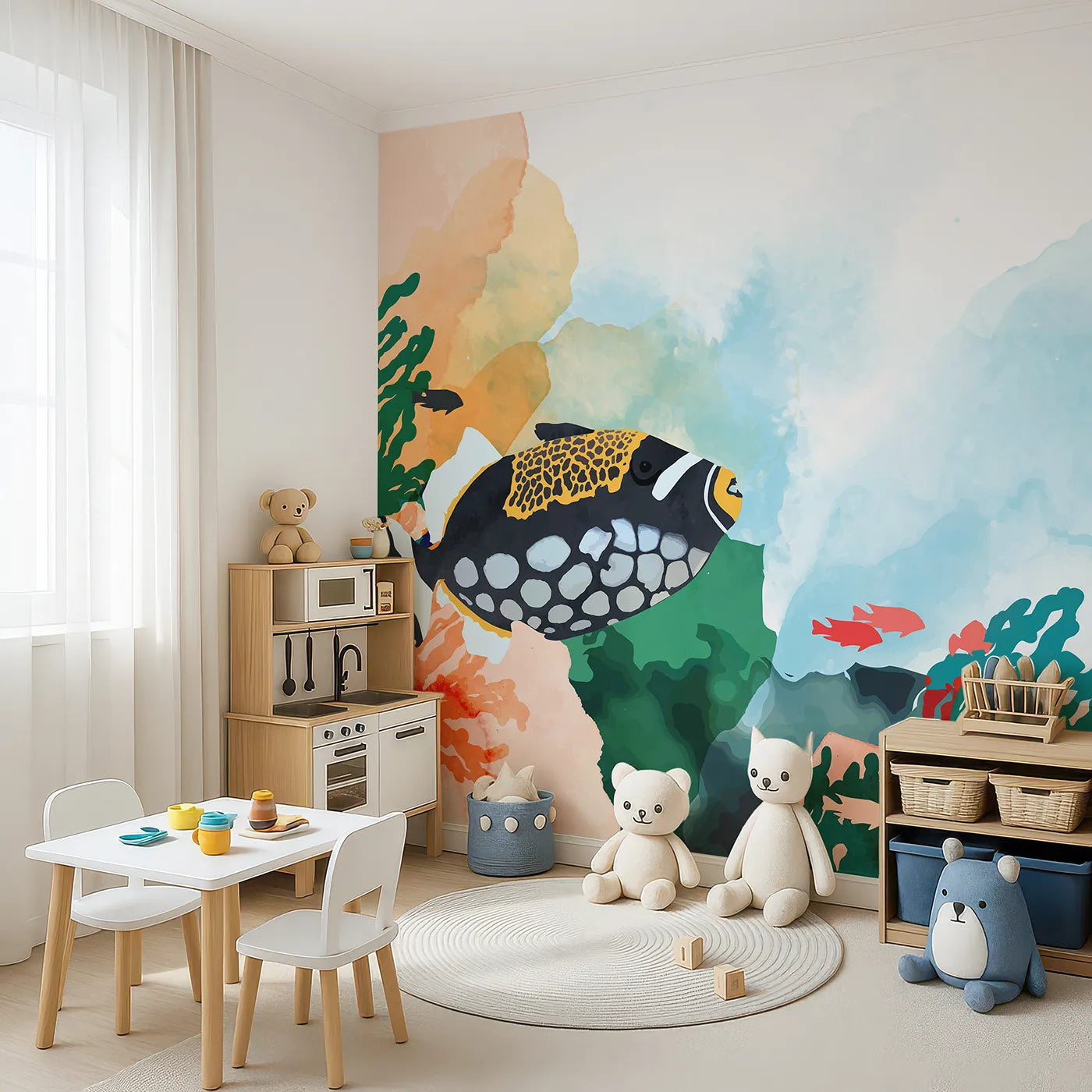 Angled view of Whimsy Tots' Abstract Tropical Fish Wall Mural (Turn Their Room into a Vibrant, Underwater Painting).Gender-Neutral