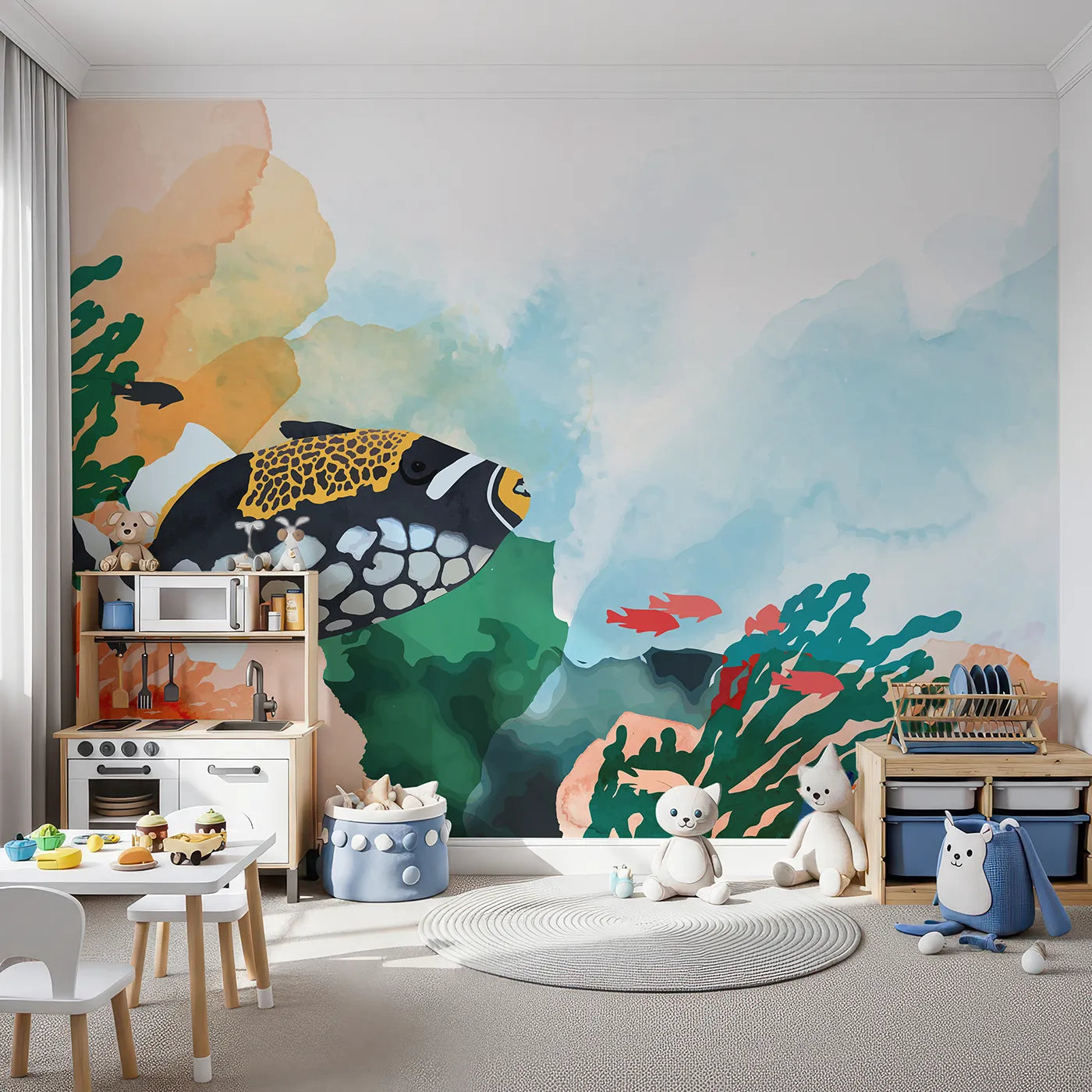 Front view of Whimsy Tots' Abstract Tropical Fish Wall Mural