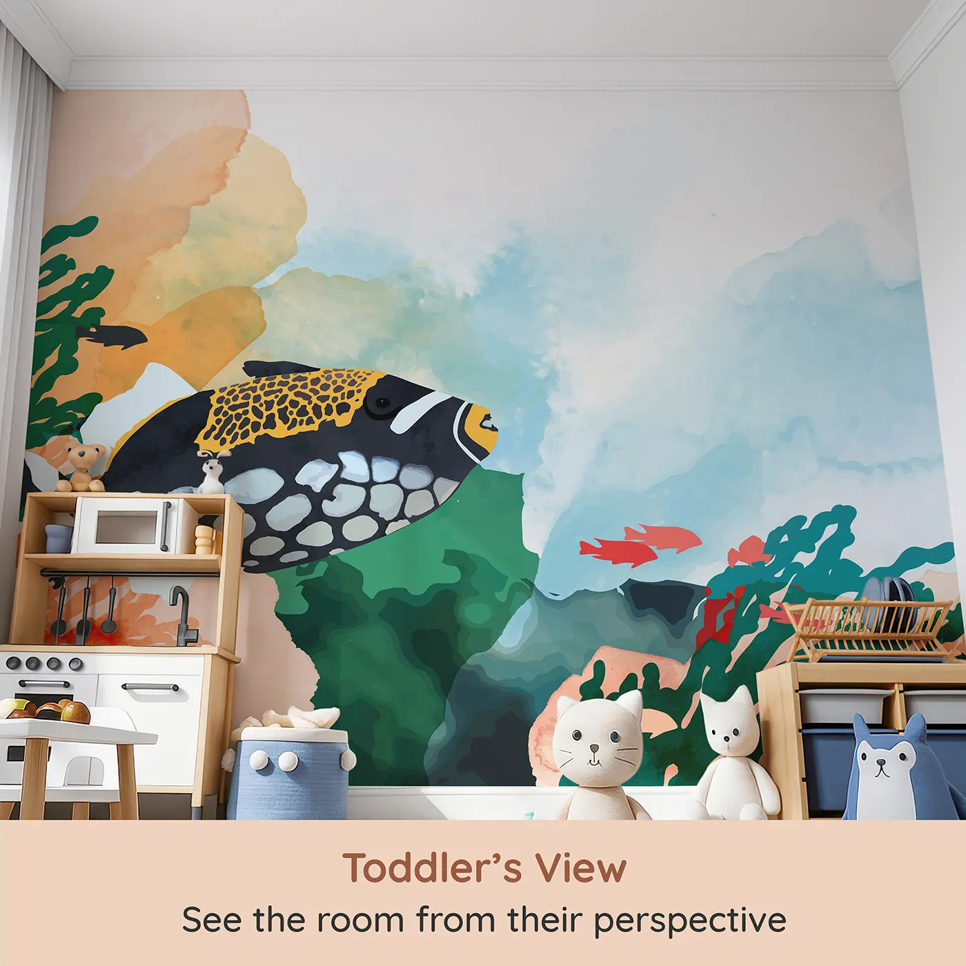 Whimsy Tots Abstract Tropical Fish Wall Mural (Turn Their Room into a Vibrant, Underwater Painting) from your child's view.Gender-Neutral
