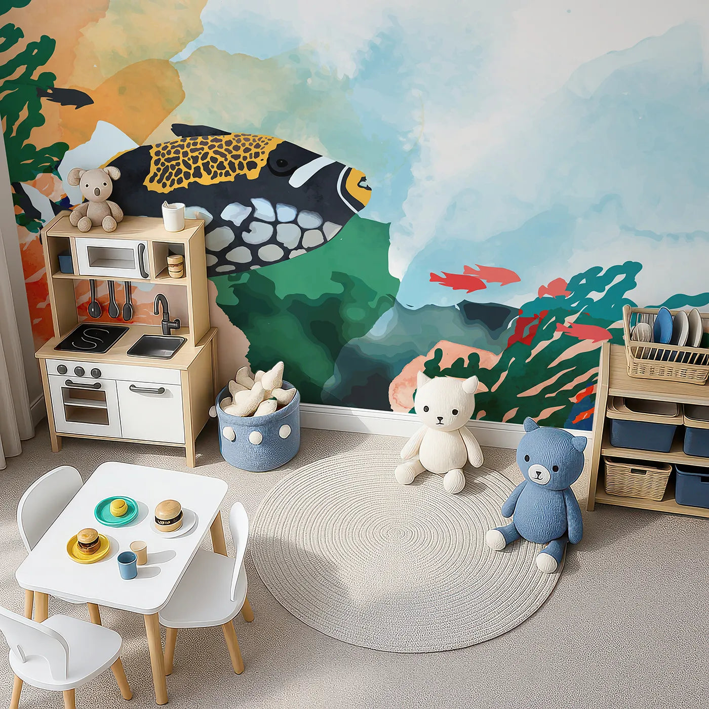 Top-down view of Whimsy Tots' Abstract Tropical Fish Wall Mural (Turn Their Room into a Vibrant, Underwater Painting).Gender-Neutral