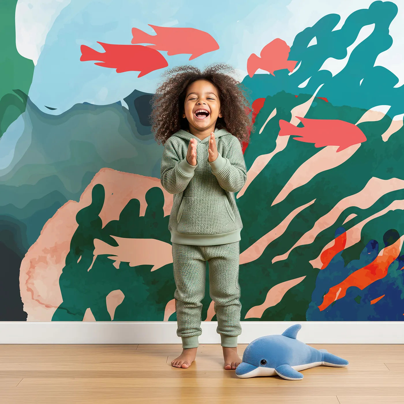Child in front of Whimsy Tots Abstract Tropical Fish Wall Mural with fish, coral, ocean, sea, abstract, watercolor, vibrant, tropical in design.