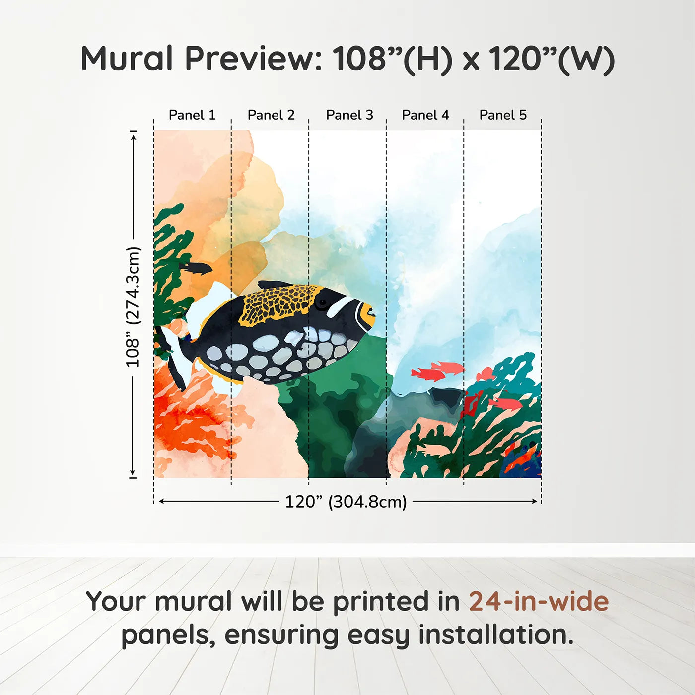 Whimsy Tots Abstract Tropical Fish Wall Muraldimension view (108" H x 120" W). Printed in five 24-inch-wide panels. Gender-Neutral