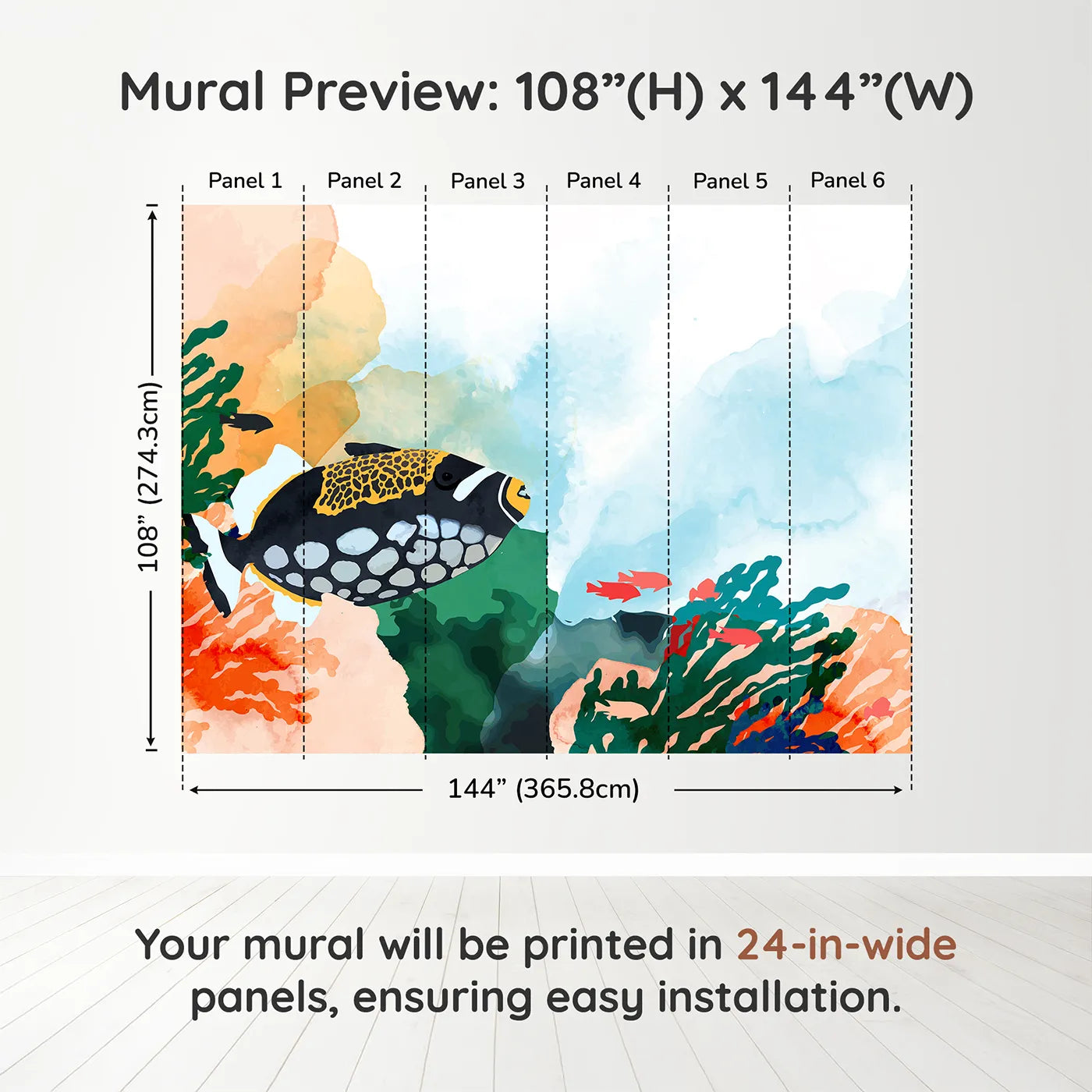 Whimsy Tots Abstract Tropical Fish Wall Muraldimension view (108" H x 144" W). Printed in six 24-inch-wide panels. Gender-Neutral