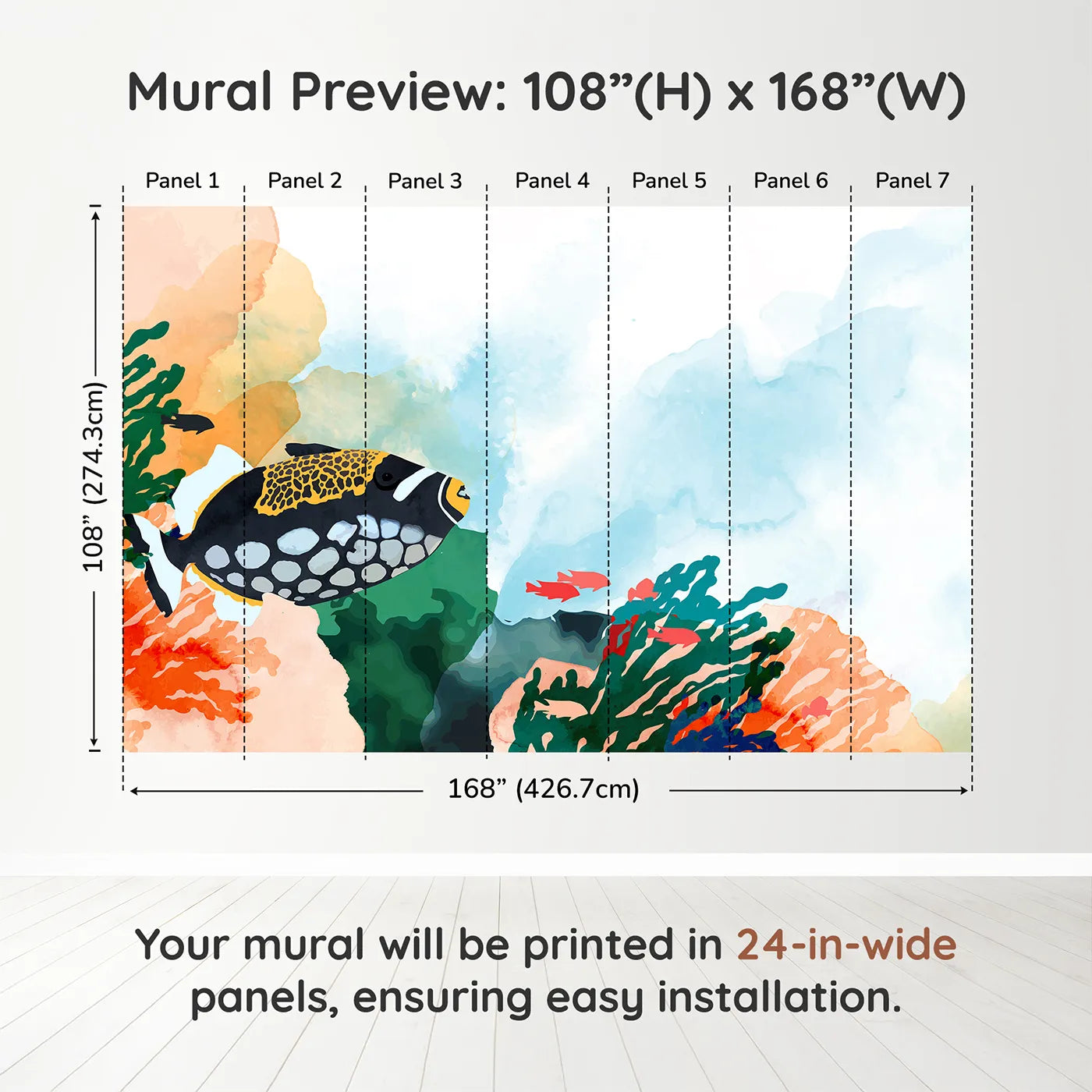 Whimsy Tots Abstract Tropical Fish Wall Muraldimension view (108" H x 168" W). Printed in seven 24-inch-wide panels. Gender-Neutral