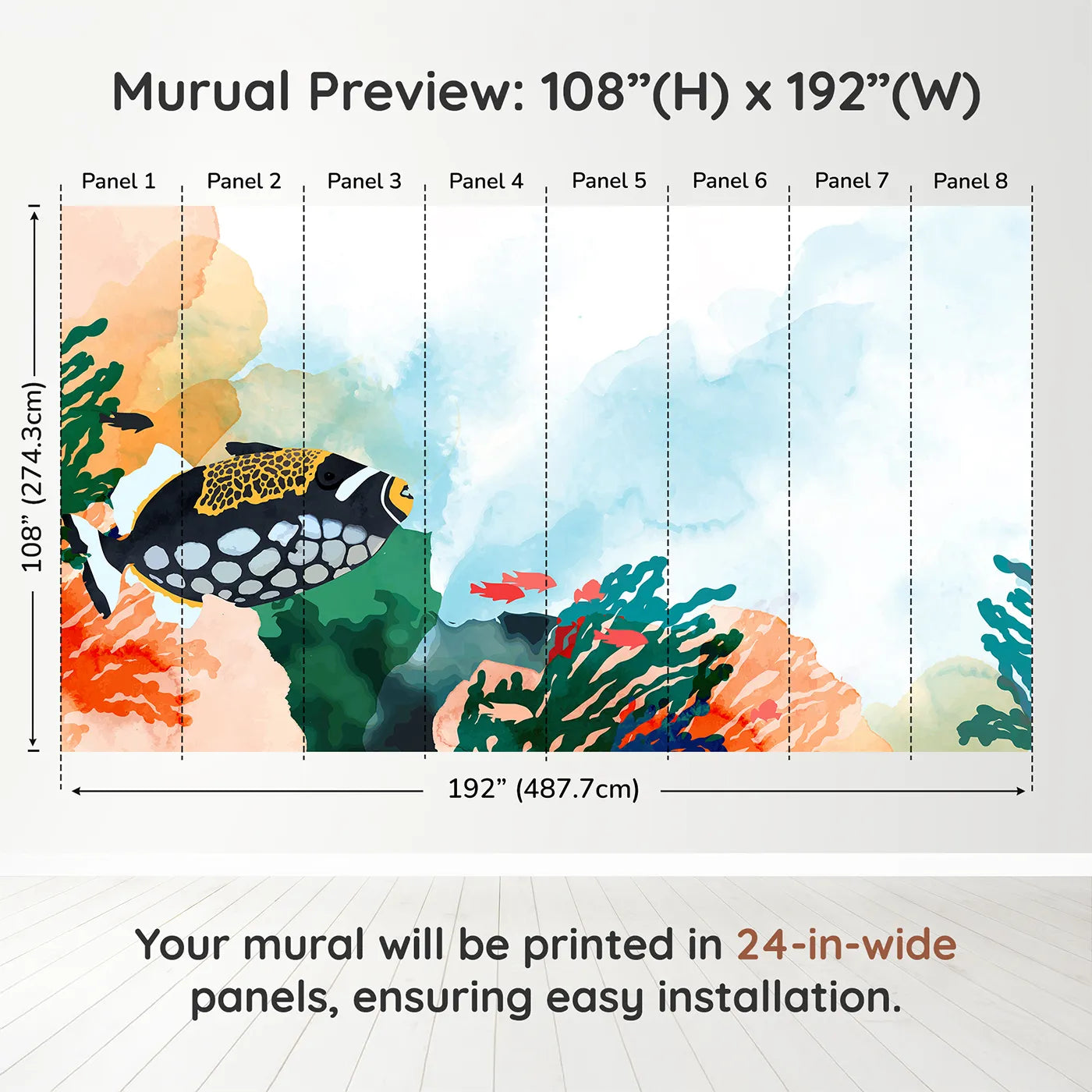 Whimsy Tots Abstract Tropical Fish Wall Muraldimension view (108" H x 192" W). Printed in eight 24-inch-wide panels. Gender-Neutral