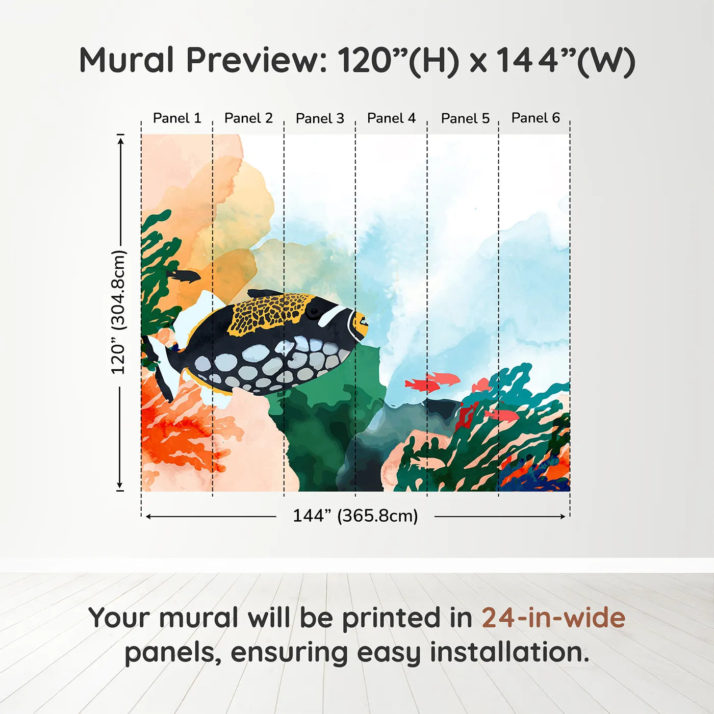 Whimsy Tots Abstract Tropical Fish Wall Muraldimension view (120" H x 144" W). Printed in six 24-inch-wide panels. Gender-Neutral