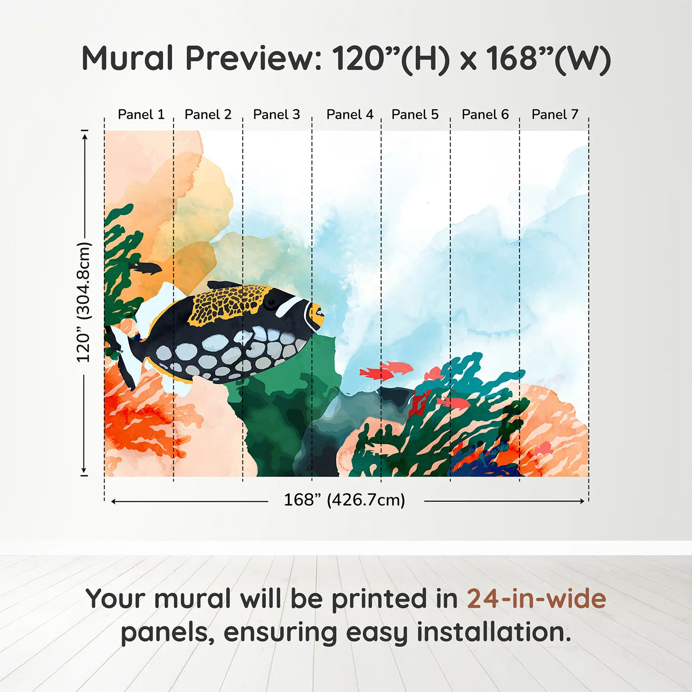 Whimsy Tots Abstract Tropical Fish Wall Muraldimension view (120" H x 168" W). Printed in seven 24-inch-wide panels. Gender-Neutral
