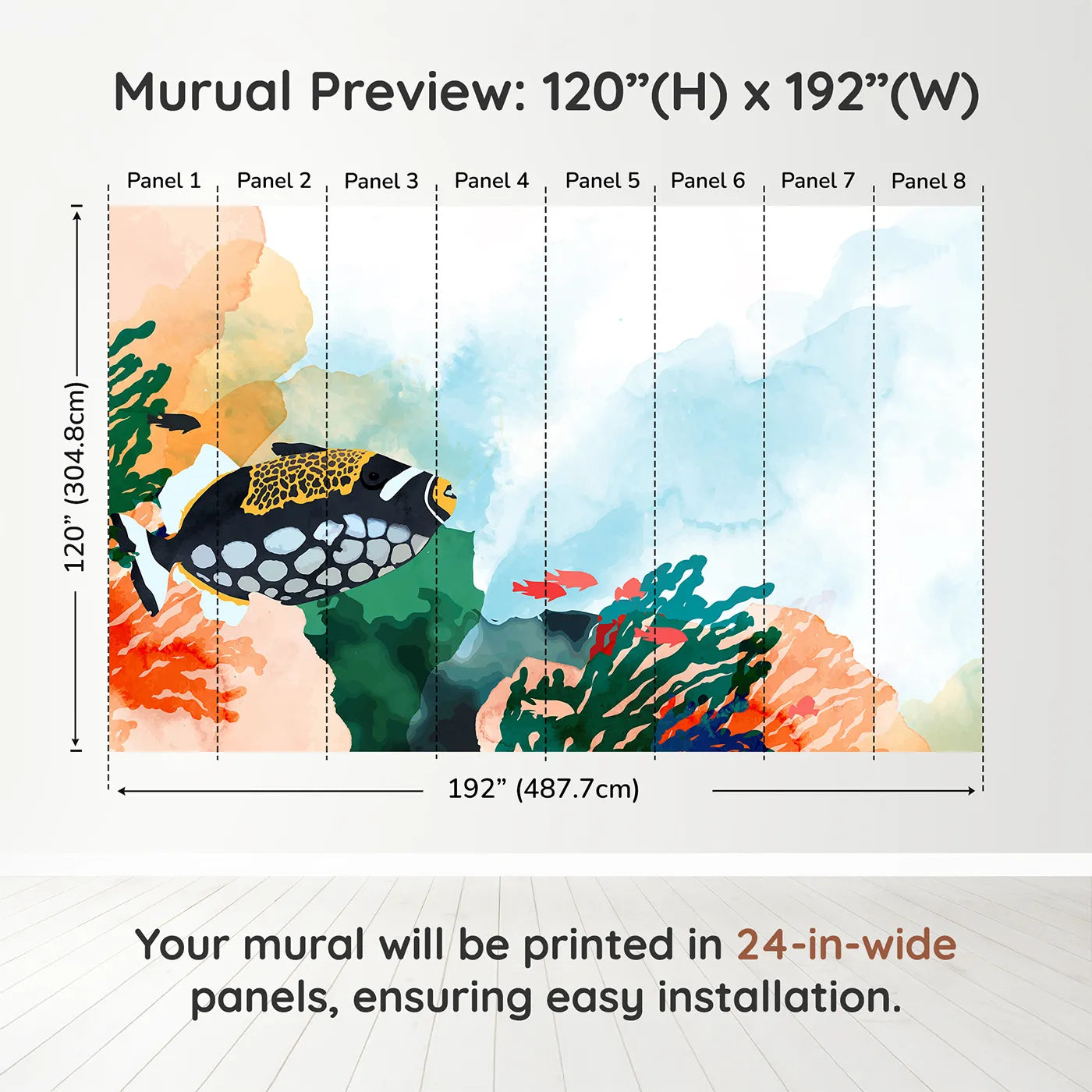 Whimsy Tots Abstract Tropical Fish Wall Muraldimension view (120" H x 192" W). Printed in eight 24-inch-wide panels. Gender-Neutral