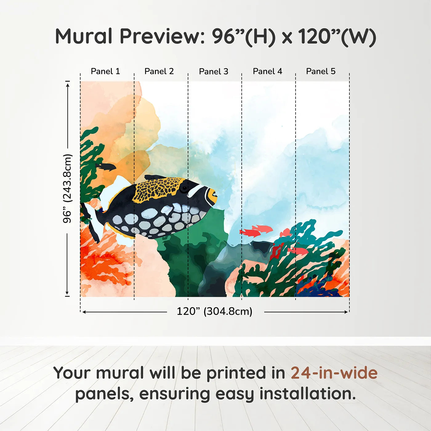 Whimsy Tots Abstract Tropical Fish Wall Muraldimension view (96" H x 120" W). Printed in five 24-inch-wide panels. Gender-Neutral