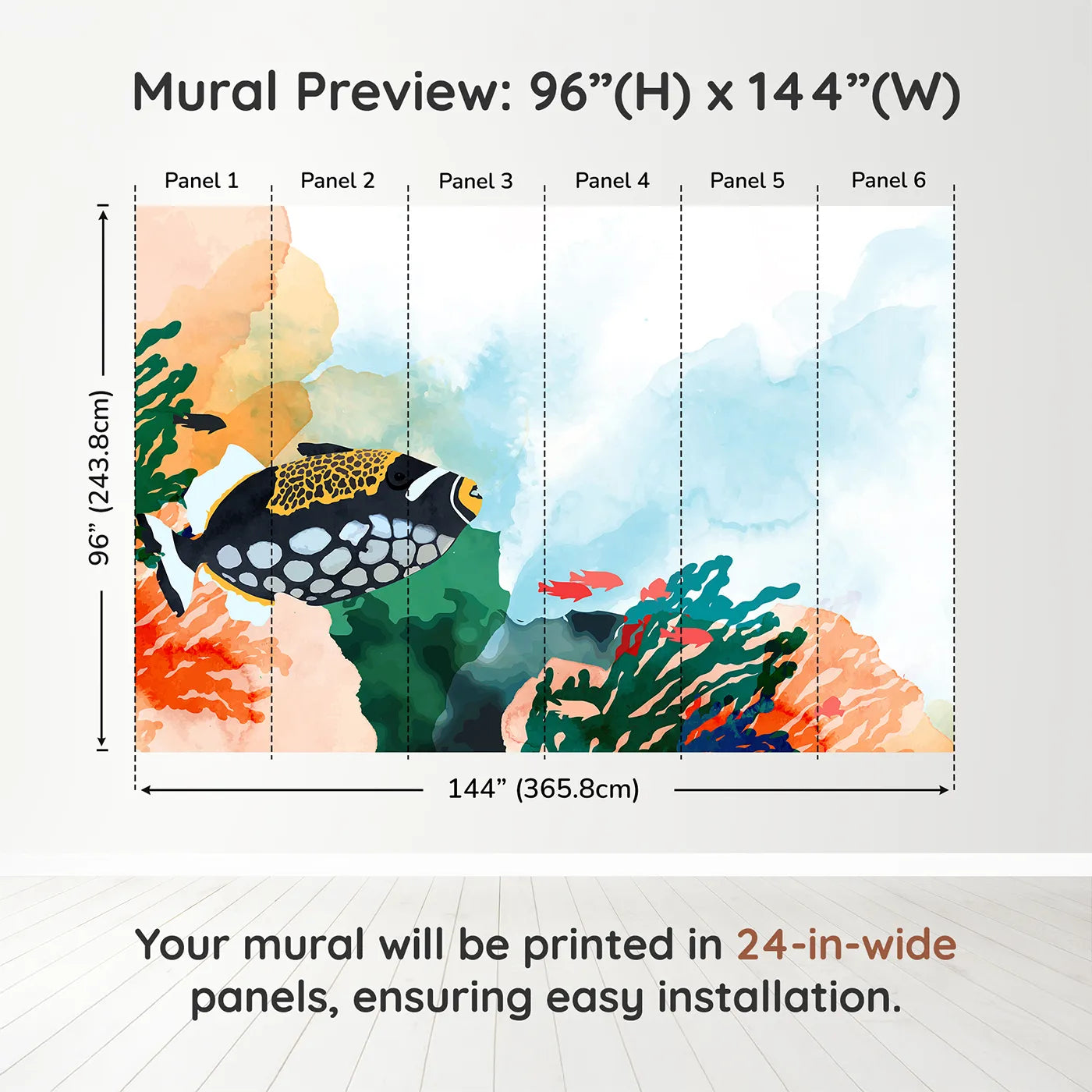 Whimsy Tots Abstract Tropical Fish Wall Muraldimension view (96" H x 144" W). Printed in six 24-inch-wide panels. Gender-Neutral