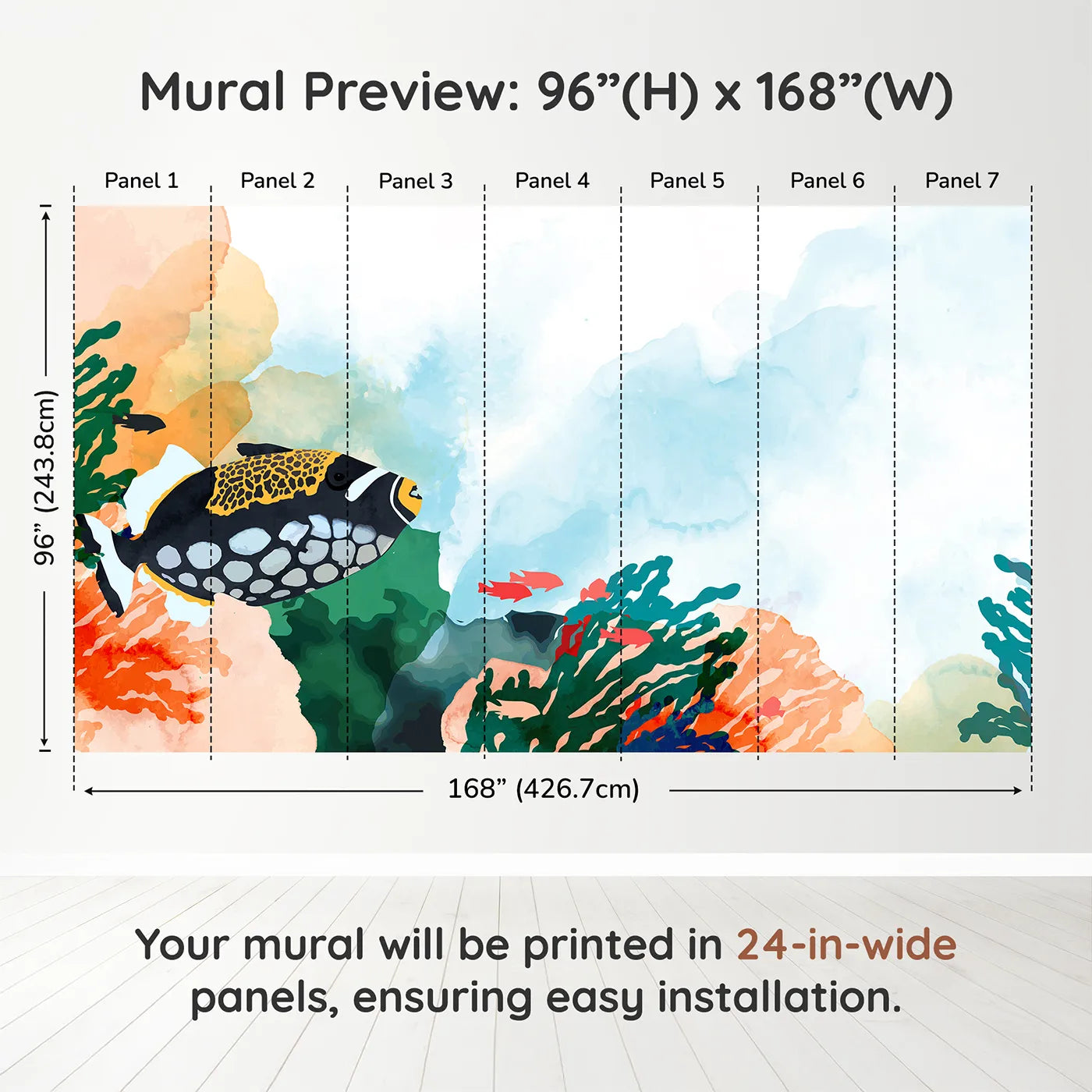 Whimsy Tots Abstract Tropical Fish Wall Muraldimension view (96" H x 168" W). Printed in seven 24-inch-wide panels. Gender-Neutral