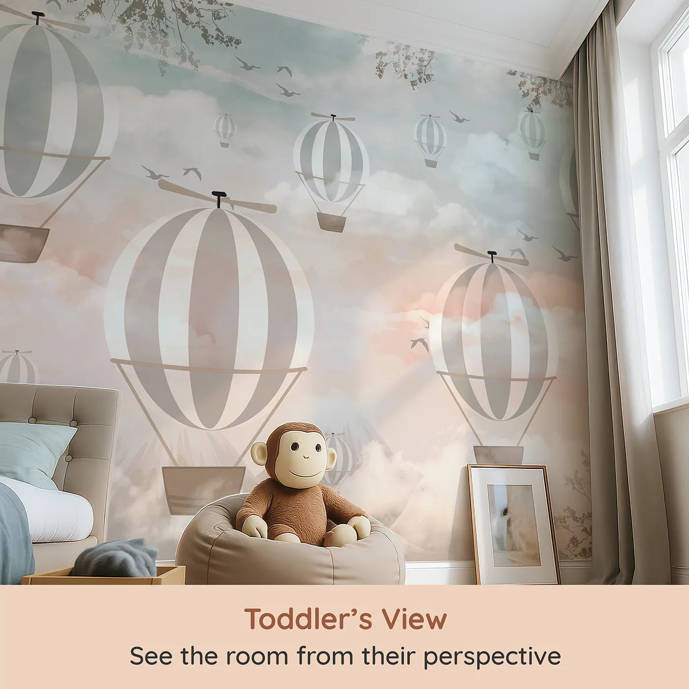 Whimsy Tots Sunset Sky Fleet Wall Mural (Turn Their Room into a Dreamy, High-Flying Adventure) from your child's view.Gender-Neutral