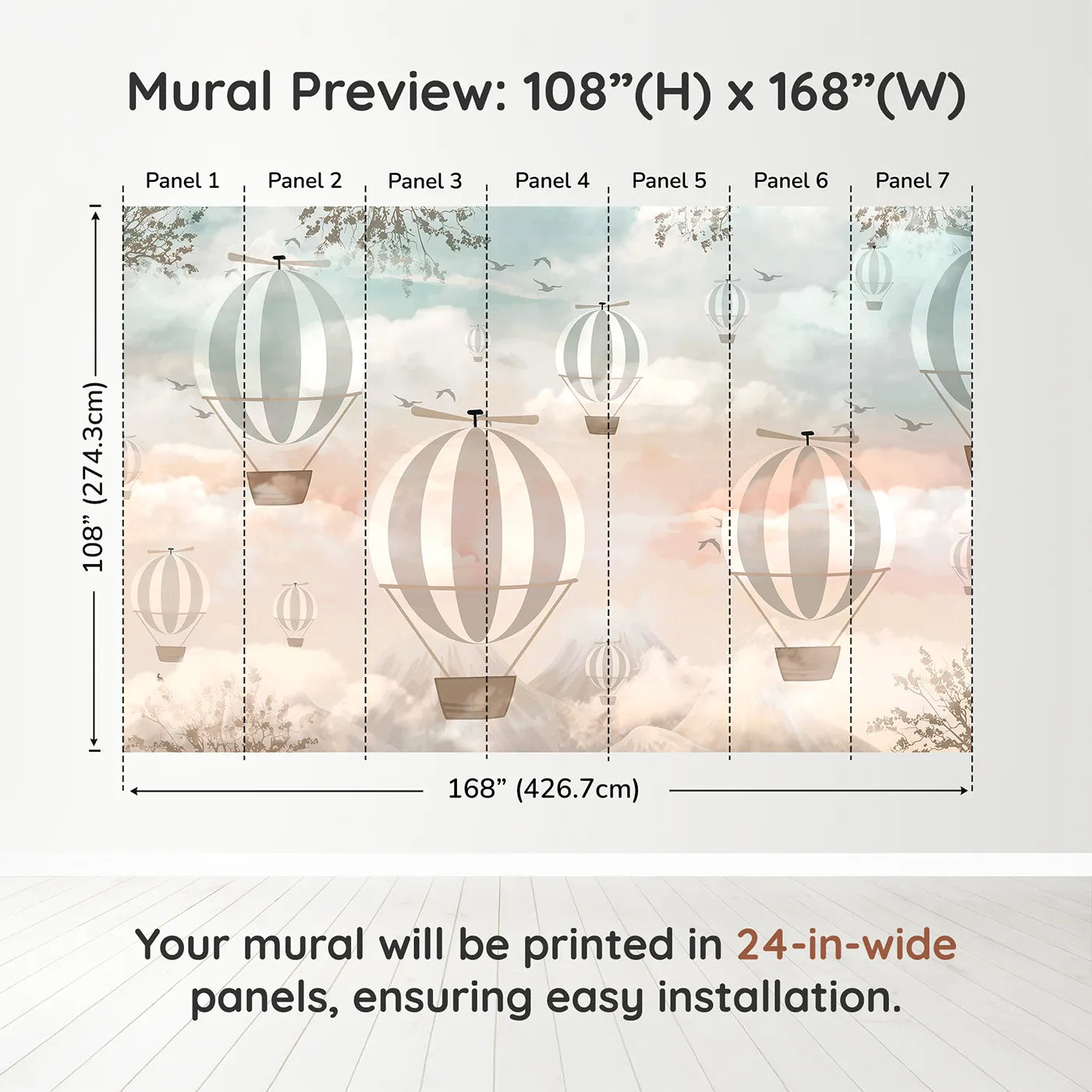 Whimsy Tots Sunset Sky Fleet Wall Muraldimension view (108" H x 168" W). Printed in seven 24-inch-wide panels. Gender-Neutral
