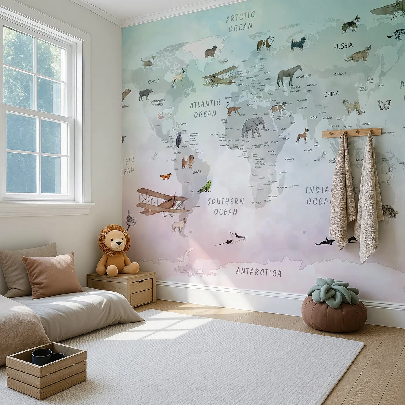 Angled view of Whimsy Tots' Vintage Pet Aviator World Map Wall Mural (Turn Their Room into a Whimsical, Globe-Trotting Adventure).Gender-Neutral