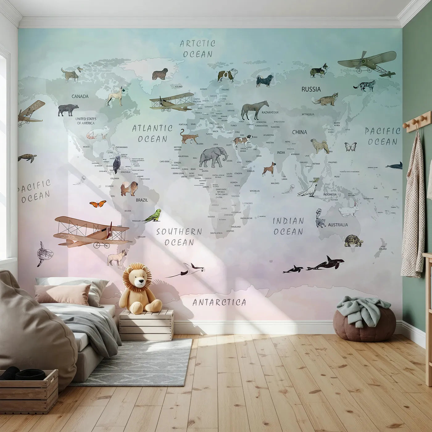 Front view of Whimsy Tots' Vintage Pet Aviator World Map Wall Mural