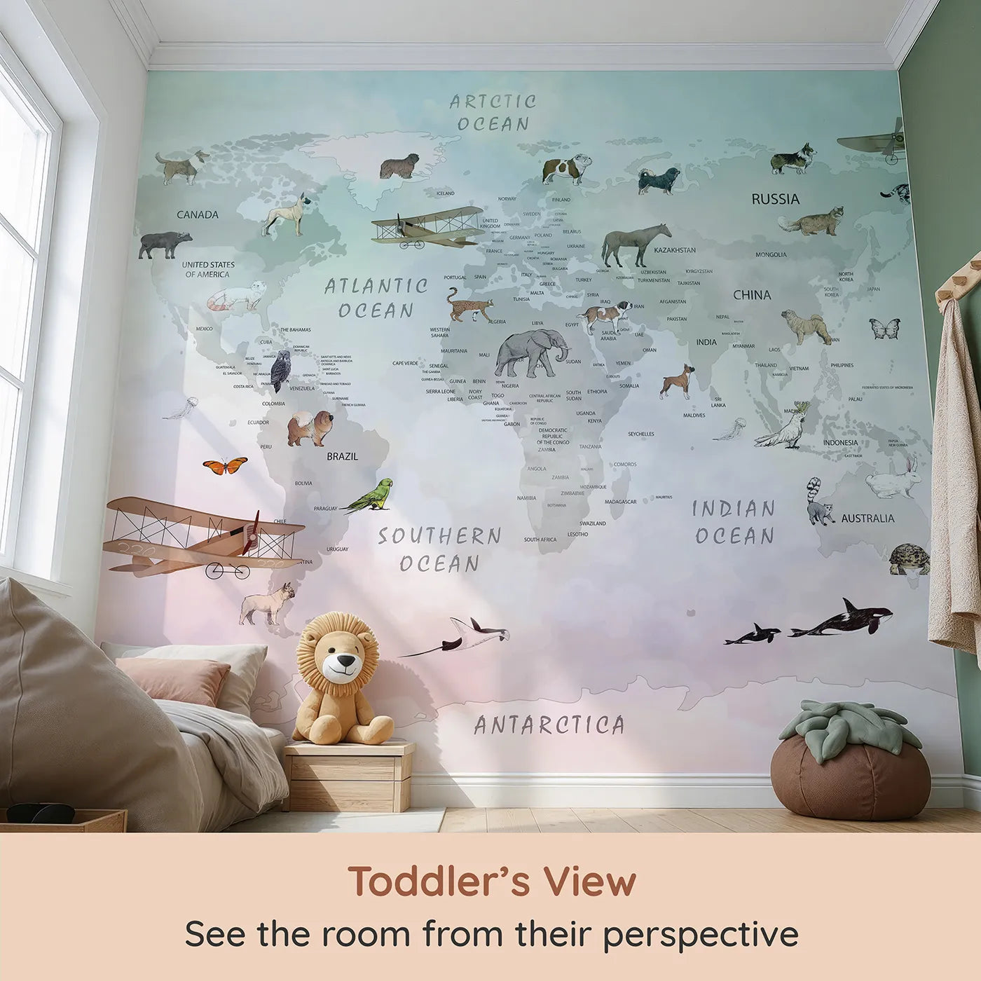 Whimsy Tots Vintage Pet Aviator World Map Wall Mural (Turn Their Room into a Whimsical, Globe-Trotting Adventure) from your child's view.Gender-Neutral